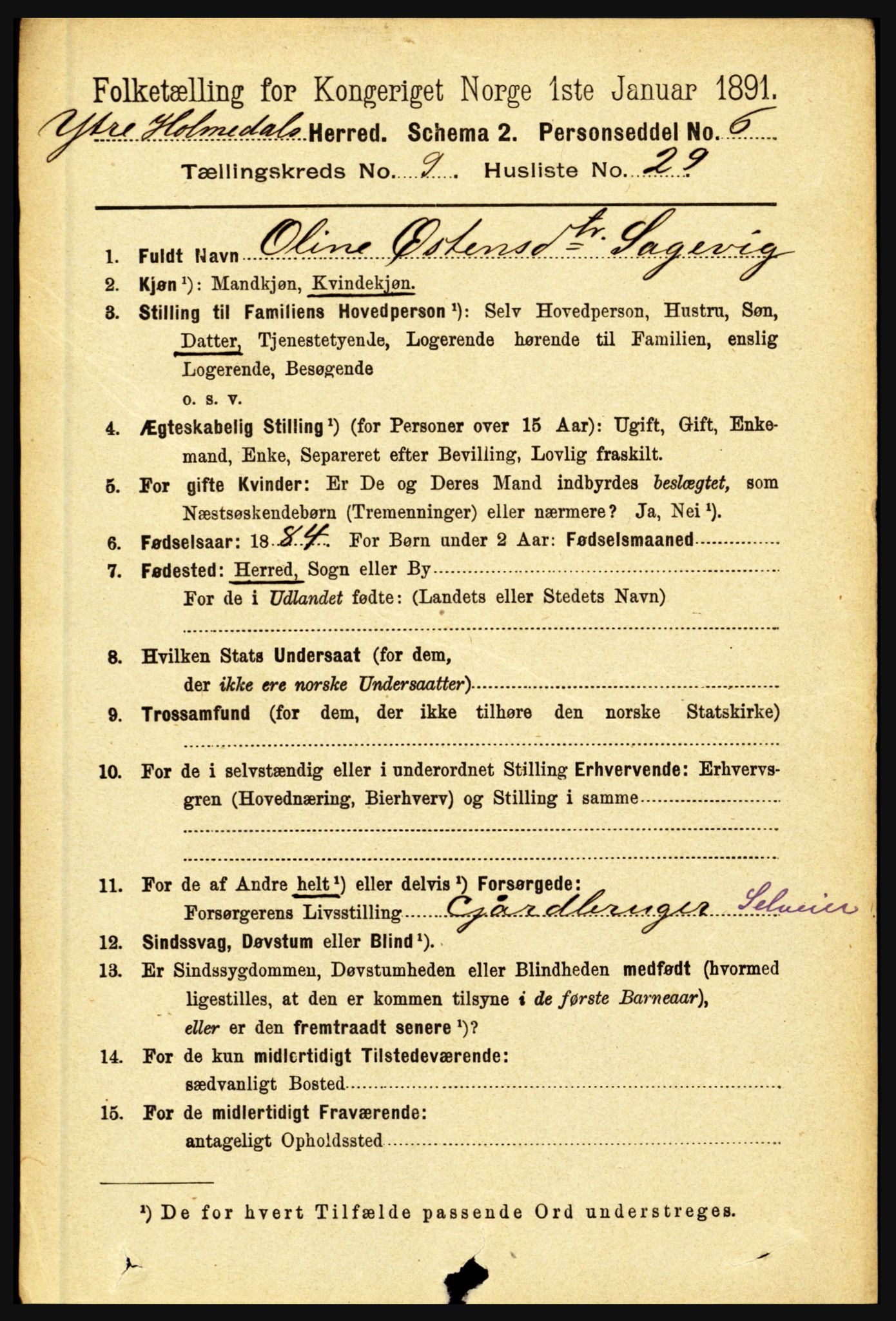 RA, 1891 census for 1429 Ytre Holmedal, 1891, p. 2223