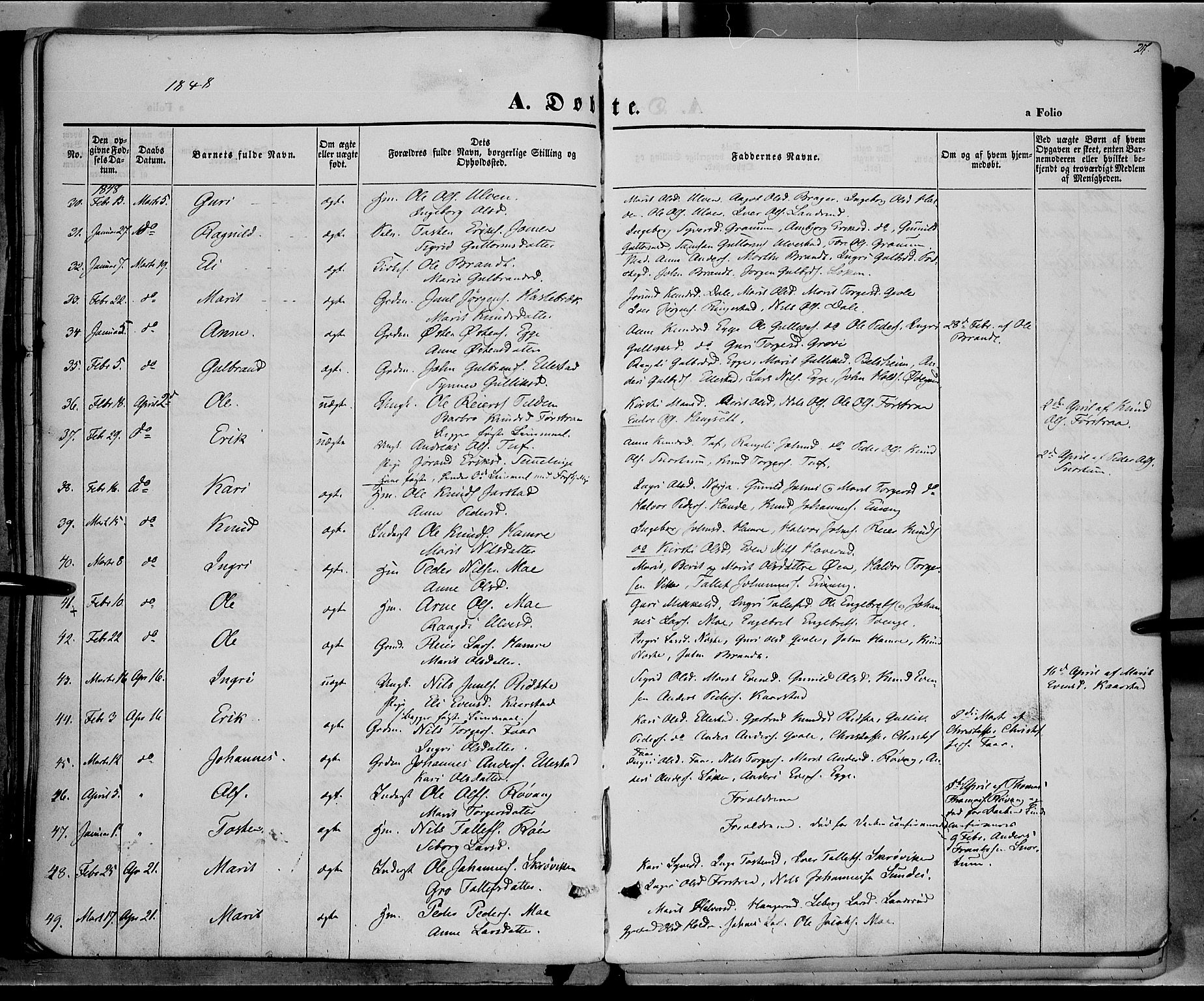 Vestre Slidre prestekontor, SAH/PREST-136/H/Ha/Haa/L0001: Parish register (official) no. 1, 1844-1855, p. 27