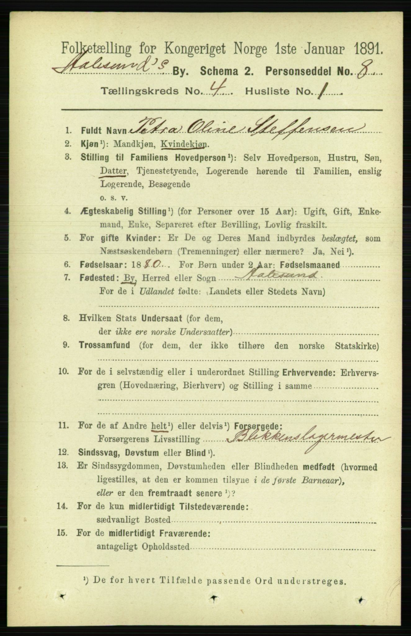 RA, 1891 census for 1501 Ålesund, 1891, p. 2829