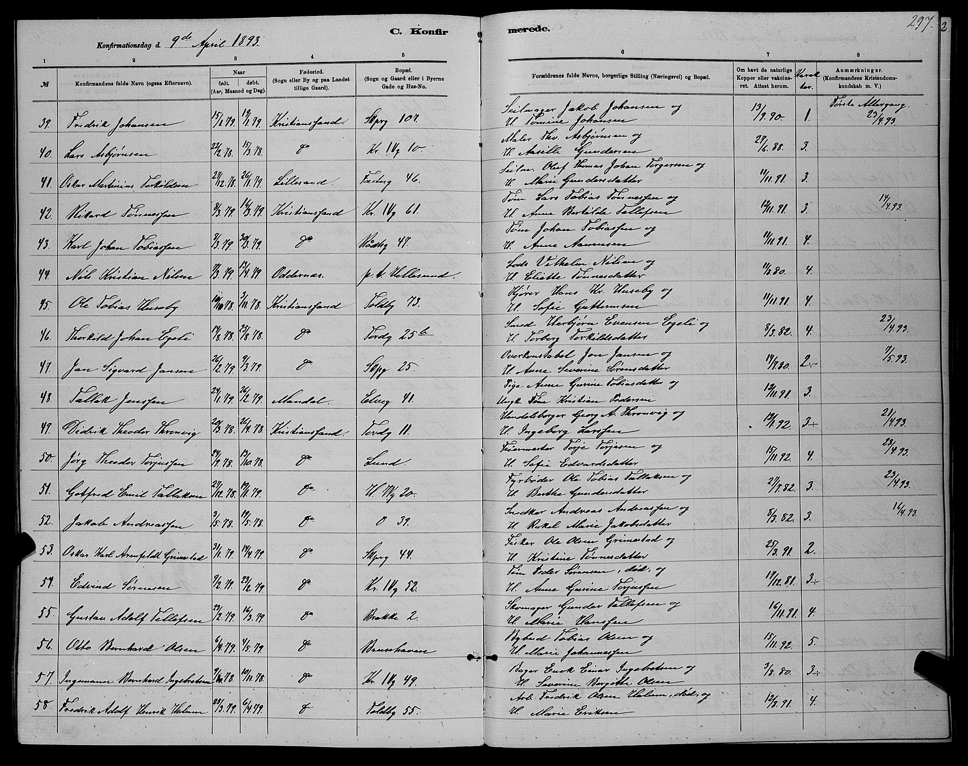 Kristiansand domprosti, SAK/1112-0006/F/Fb/L0016: Parish register (copy) no. B 16, 1881-1893, p. 297