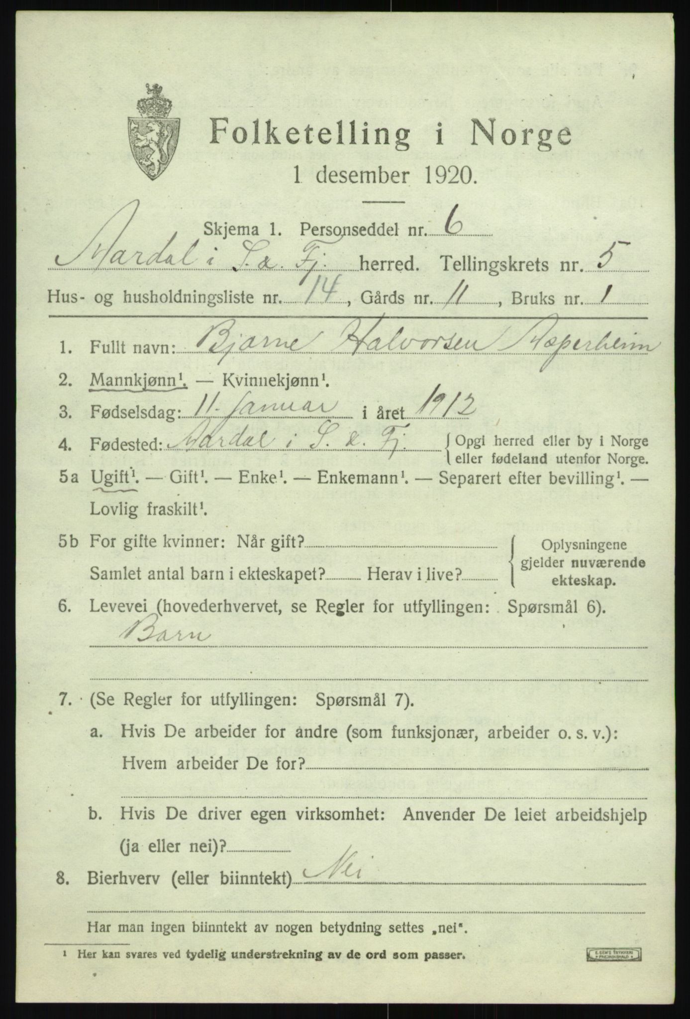 SAB, 1920 census for Årdal, 1920, p. 2971