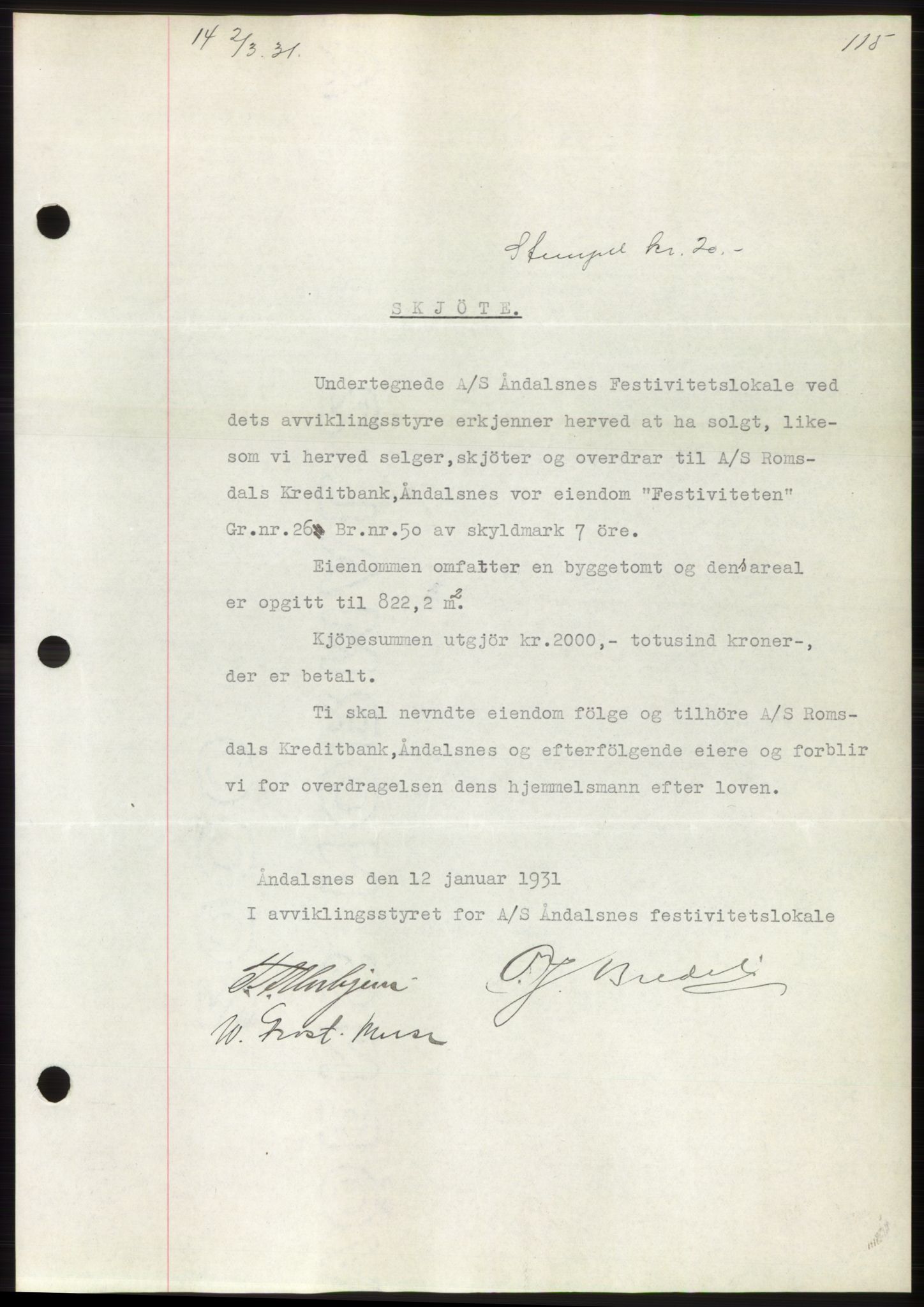 Romsdal sorenskriveri, AV/SAT-A-4149/1/2/2C/L0059: Mortgage book no. 53, 1931-1931, Deed date: 02.03.1931