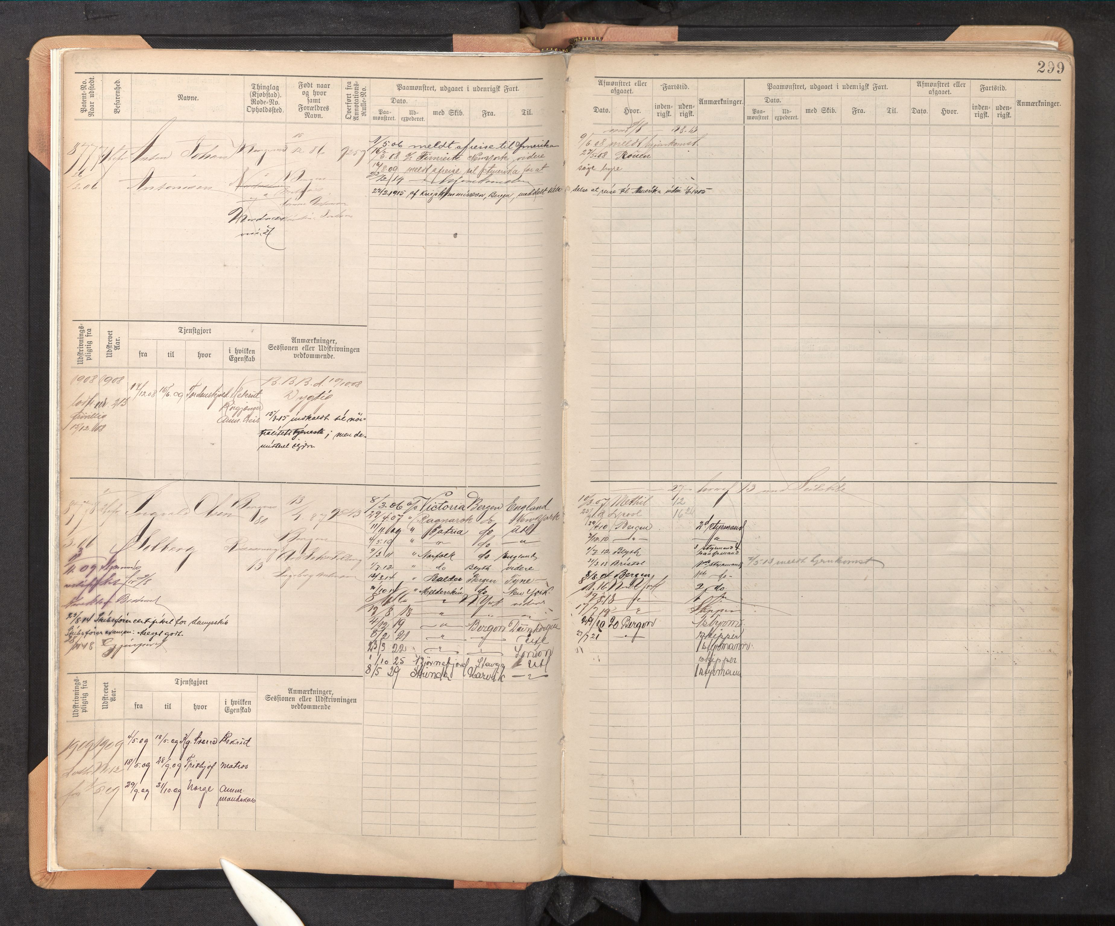 Innrulleringssjefen i Bergen, AV/SAB-A-100050/F/Fc/L0014: Sjøfartshovedrulle, nr. 8767 - 9346, 1900-1910, p. 299