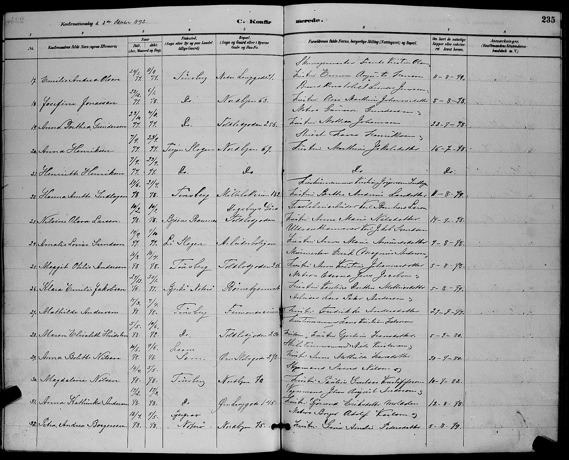 Tønsberg kirkebøker, AV/SAKO-A-330/G/Ga/L0006: Parish register (copy) no. 6, 1885-1895, p. 235