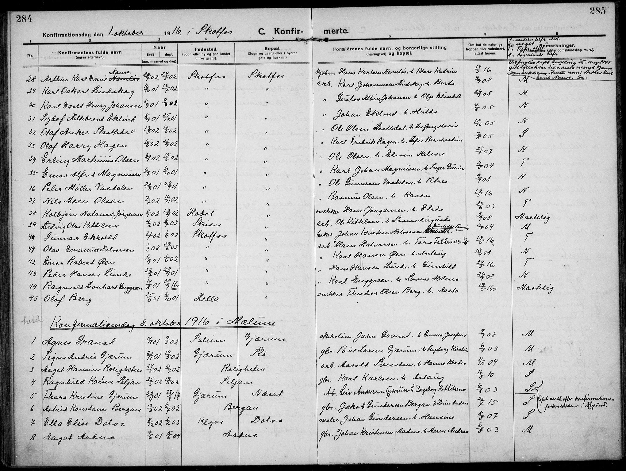 Solum kirkebøker, SAKO/A-306/F/Fb/L0004: Parish register (official) no. II 4, 1913-1924, p. 284-285