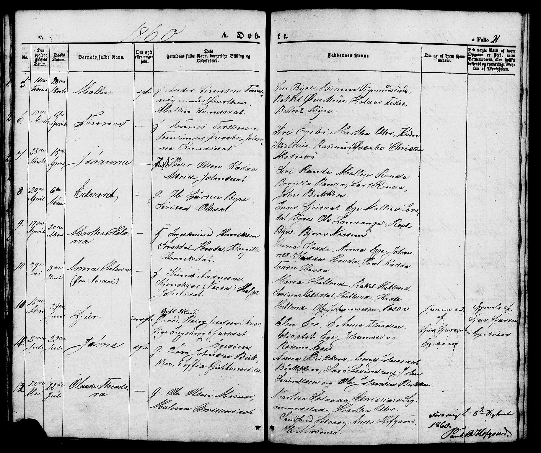 Hjelmeland sokneprestkontor, SAST/A-101843/01/V/L0005: Parish register (copy) no. B 5, 1853-1892, p. 21