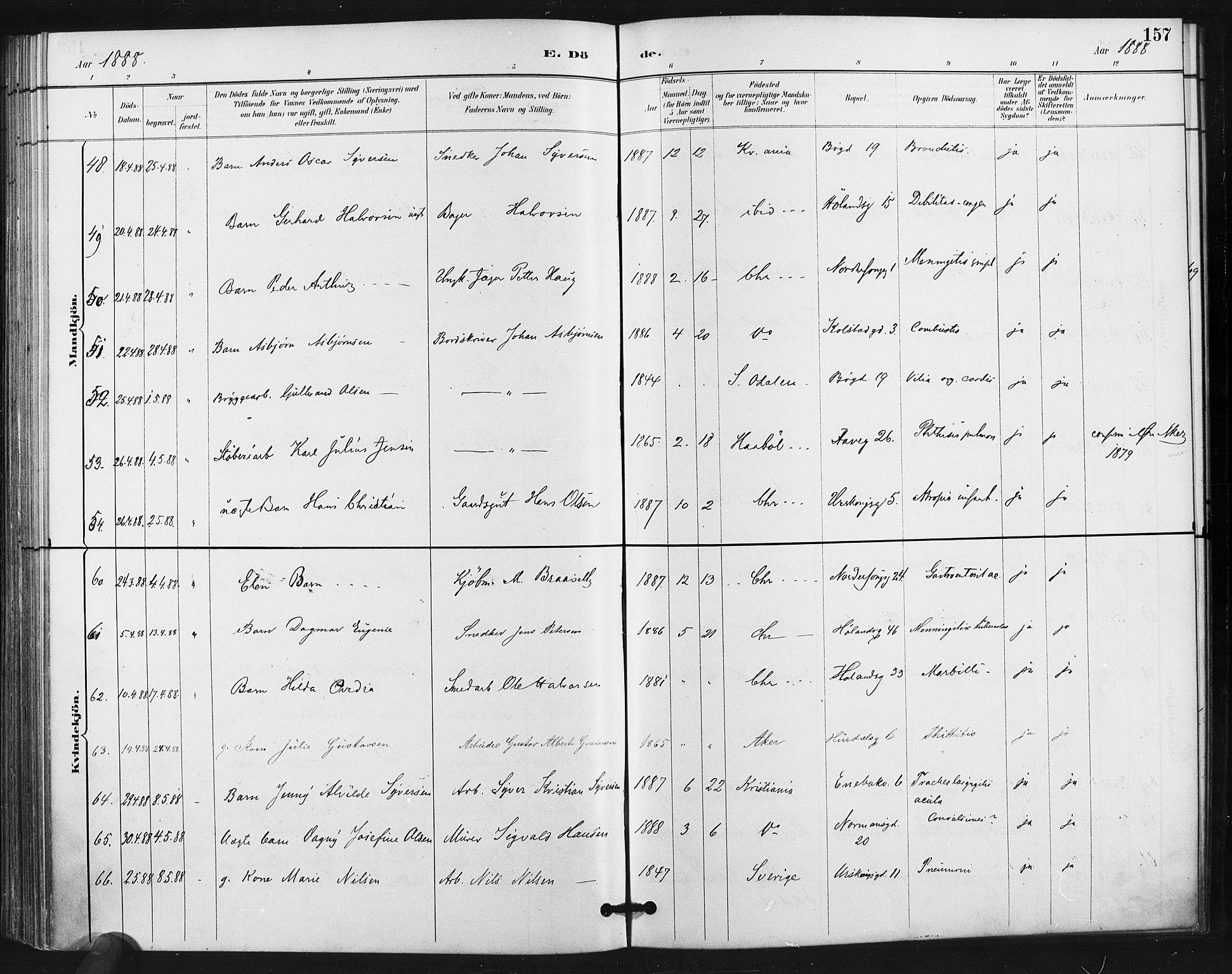 Kampen prestekontor Kirkebøker, AV/SAO-A-10853/F/Fa/L0004: Parish register (official) no. I 4, 1885-1892, p. 157