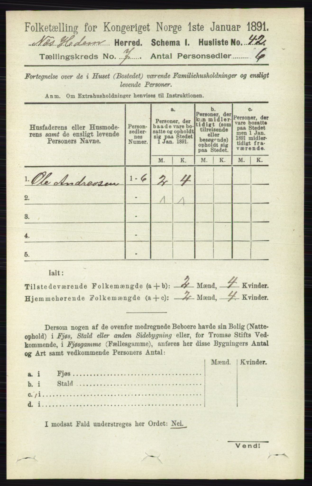 RA, 1891 census for 0411 Nes, 1891, p. 3870