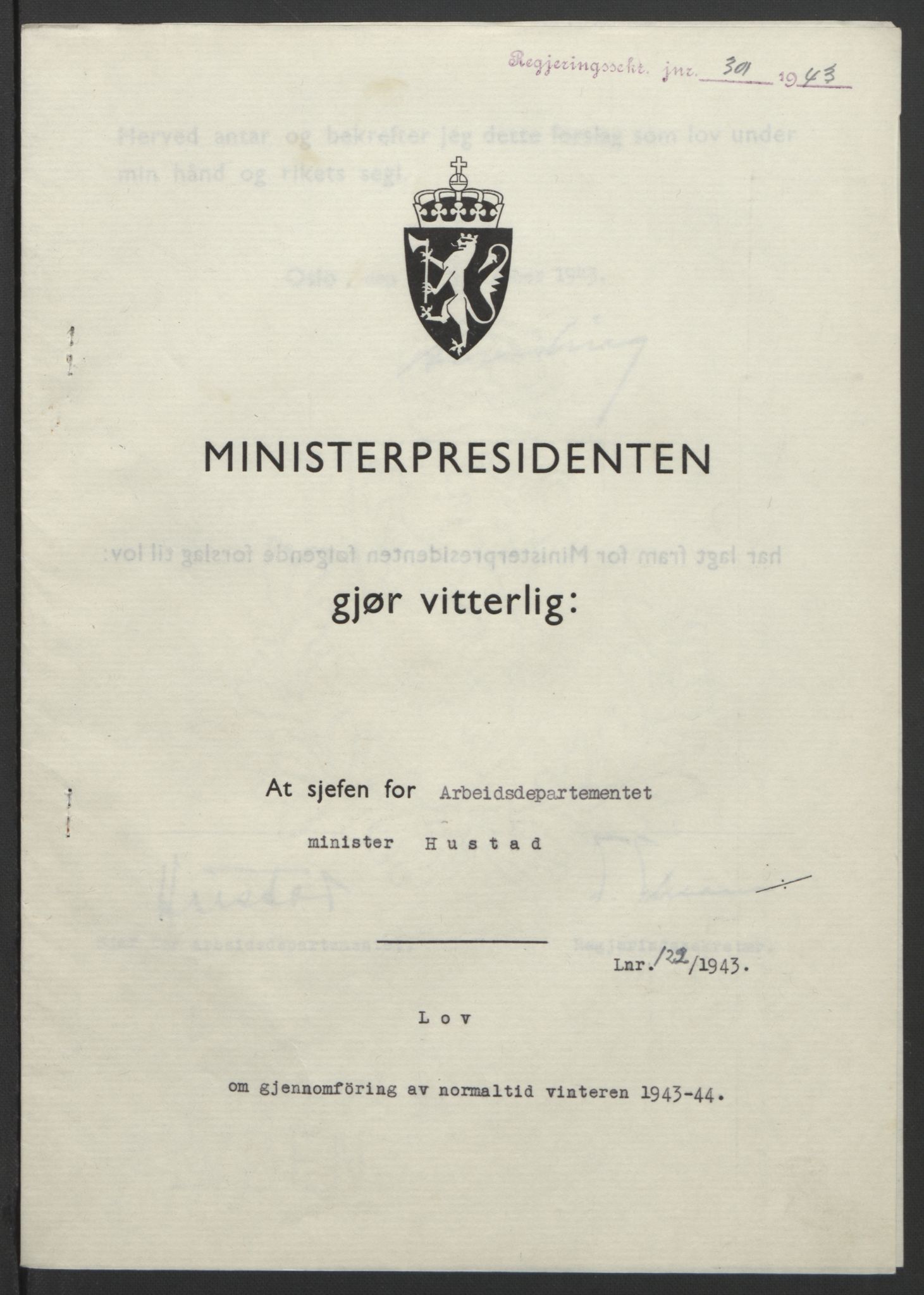 NS-administrasjonen 1940-1945 (Statsrådsekretariatet, de kommisariske statsråder mm), RA/S-4279/D/Db/L0099: Lover, 1943, p. 568