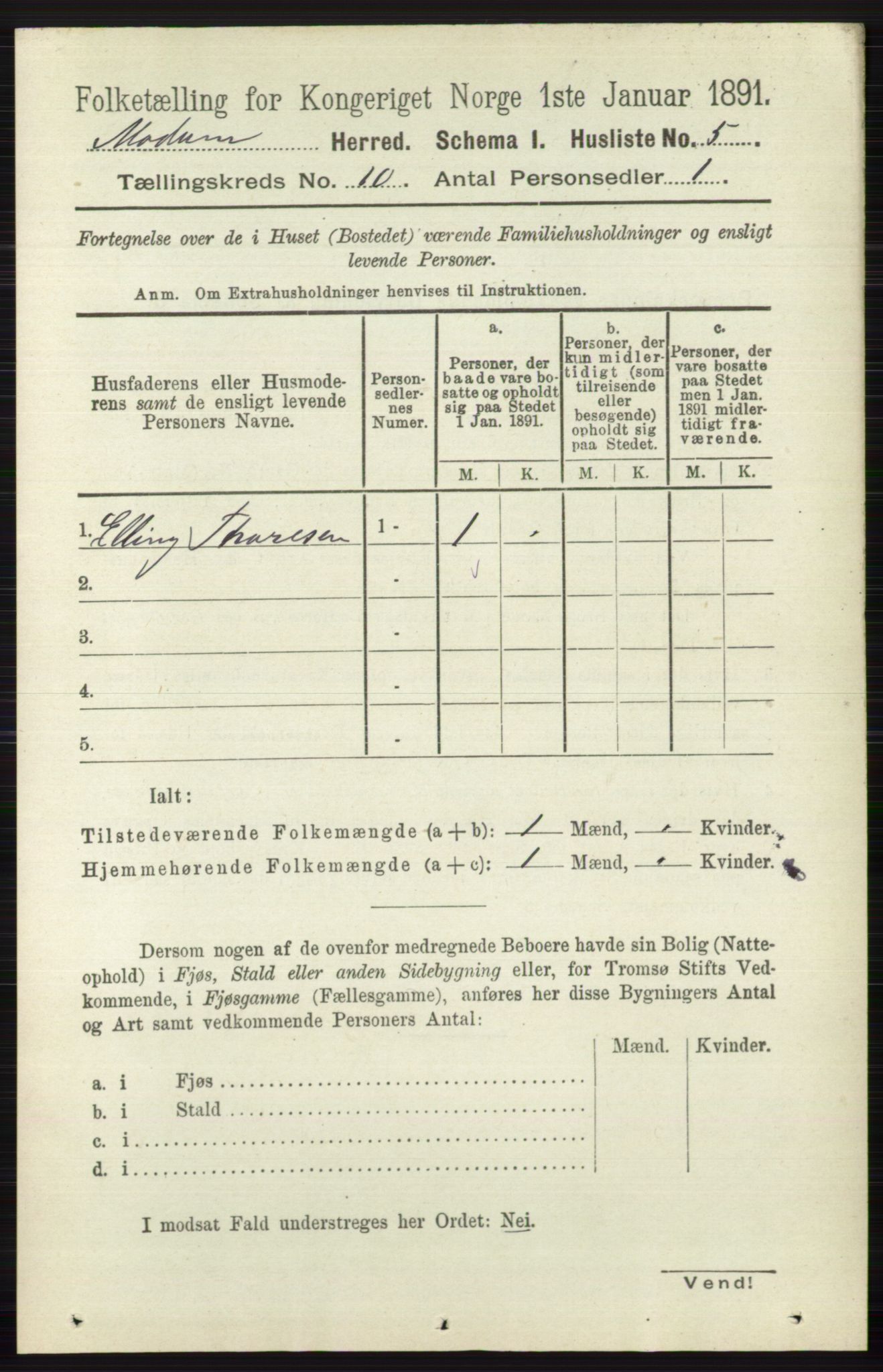 RA, 1891 census for 0623 Modum, 1891, p. 3953