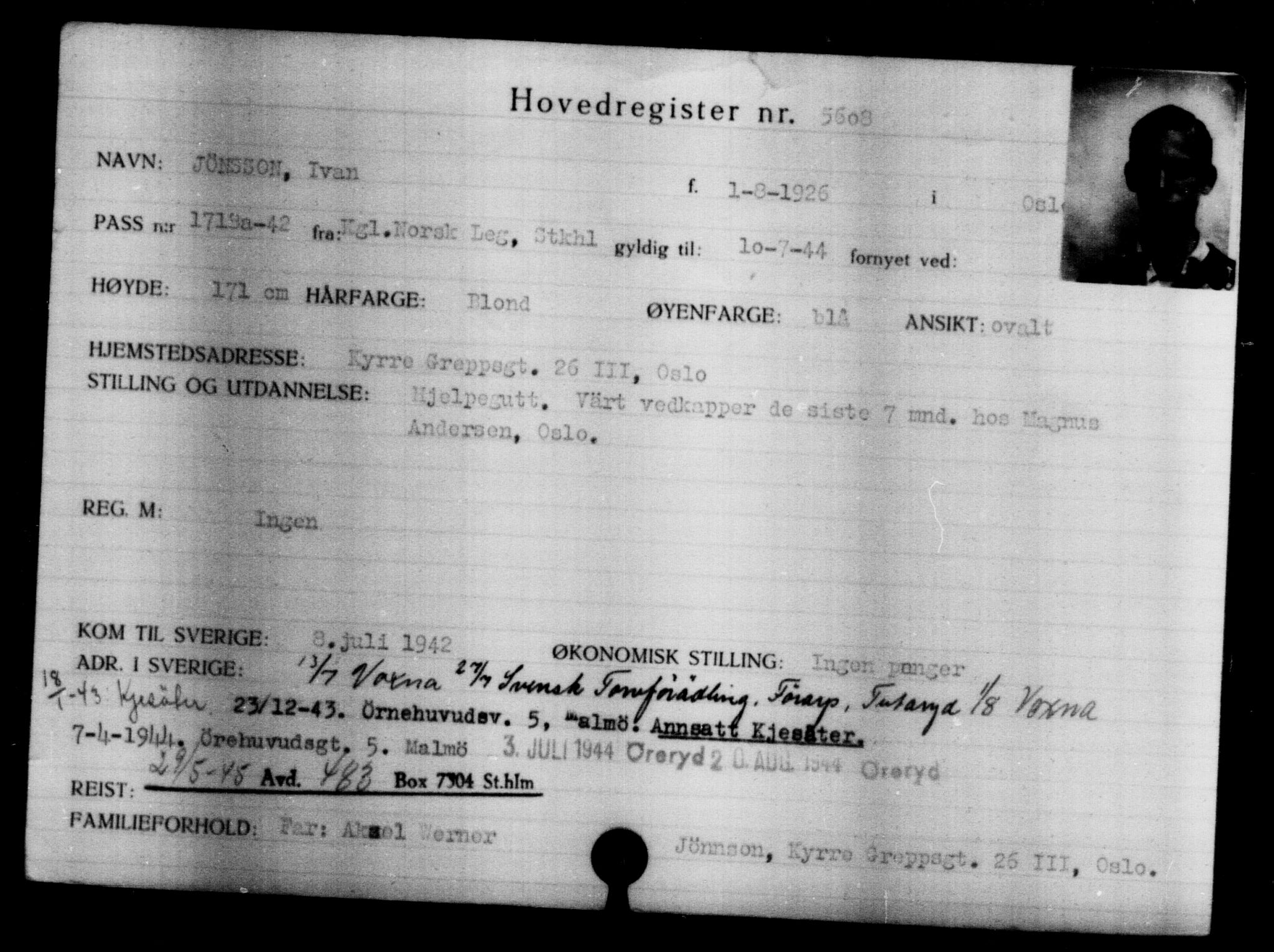 Utenriksstasjonene, Legasjonen i Stockholm, Flyktningkontoret, AV/RA-S-6753/V/Va/L0004: Kjesäterkartoteket, flyktninger med registreringsnr. 3496-6610, 1940-1945, p. 2448