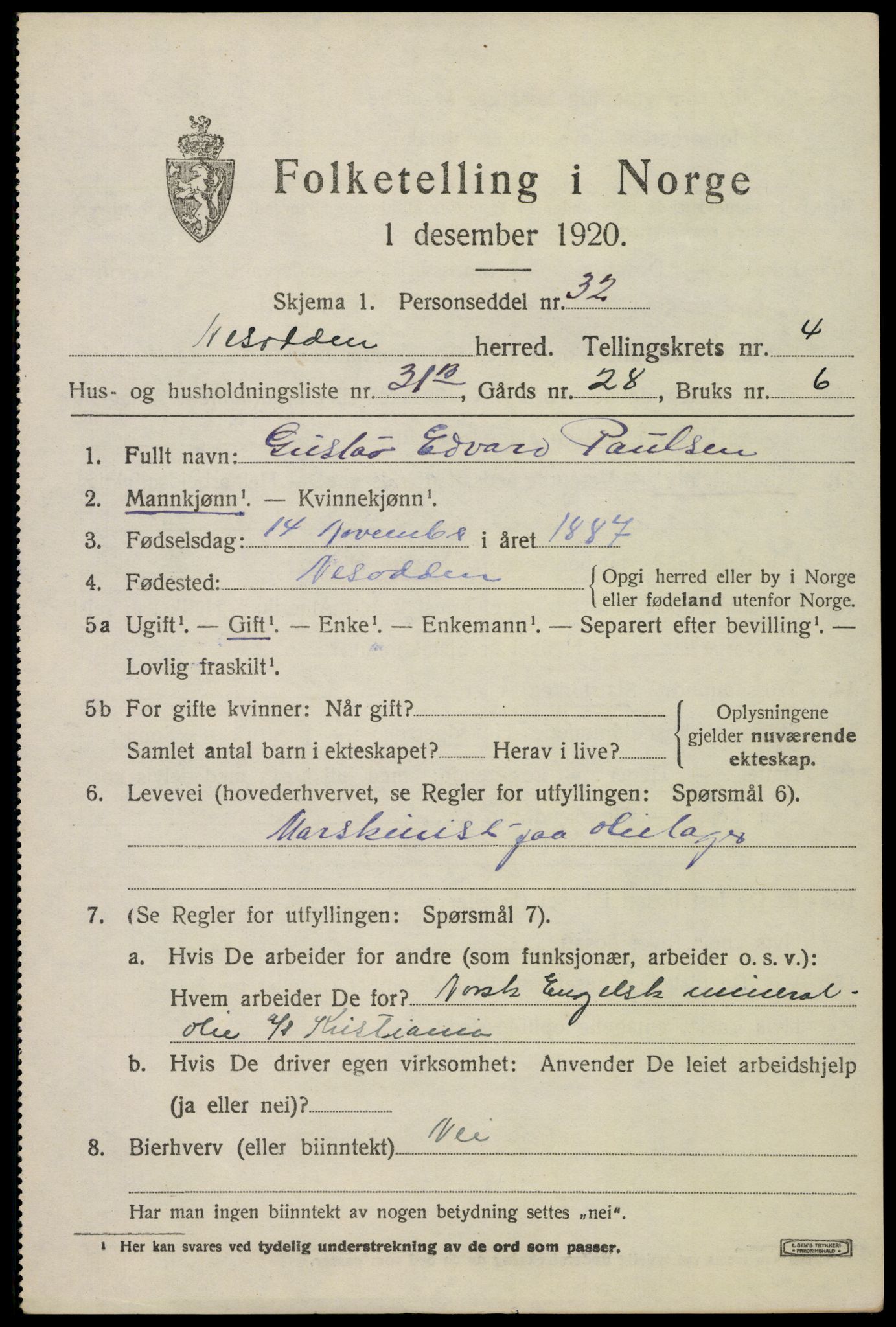 SAO, 1920 census for Nesodden, 1920, p. 4465