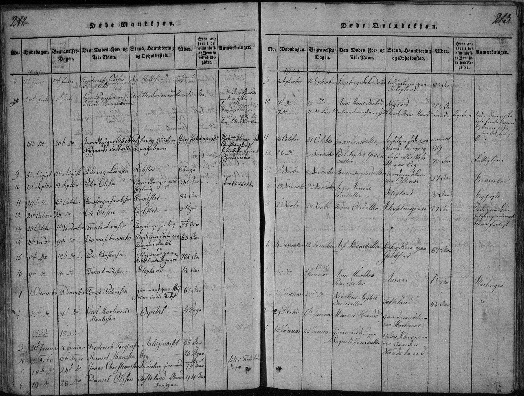 Søgne sokneprestkontor, SAK/1111-0037/F/Fb/Fbb/L0002: Parish register (copy) no. B 2, 1821-1838, p. 212-213