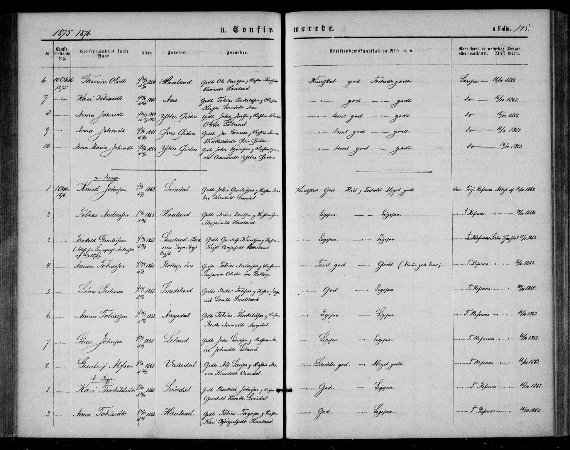 Bjelland sokneprestkontor, SAK/1111-0005/F/Fa/Fac/L0002: Parish register (official) no. A 2, 1866-1887, p. 145