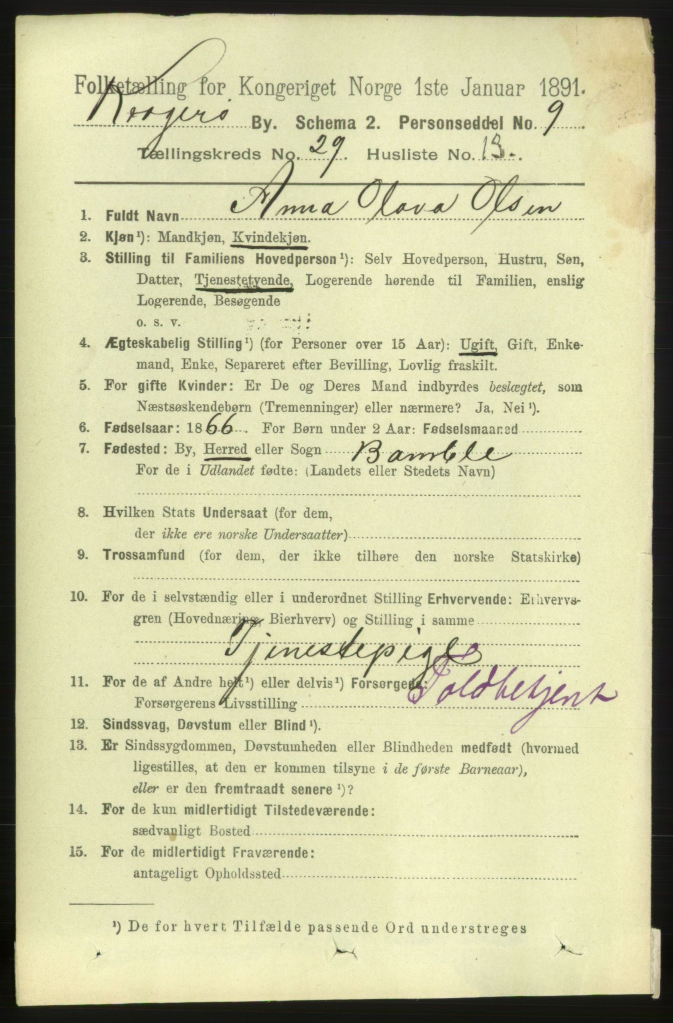 RA, 1891 census for 0801 Kragerø, 1891, p. 5556