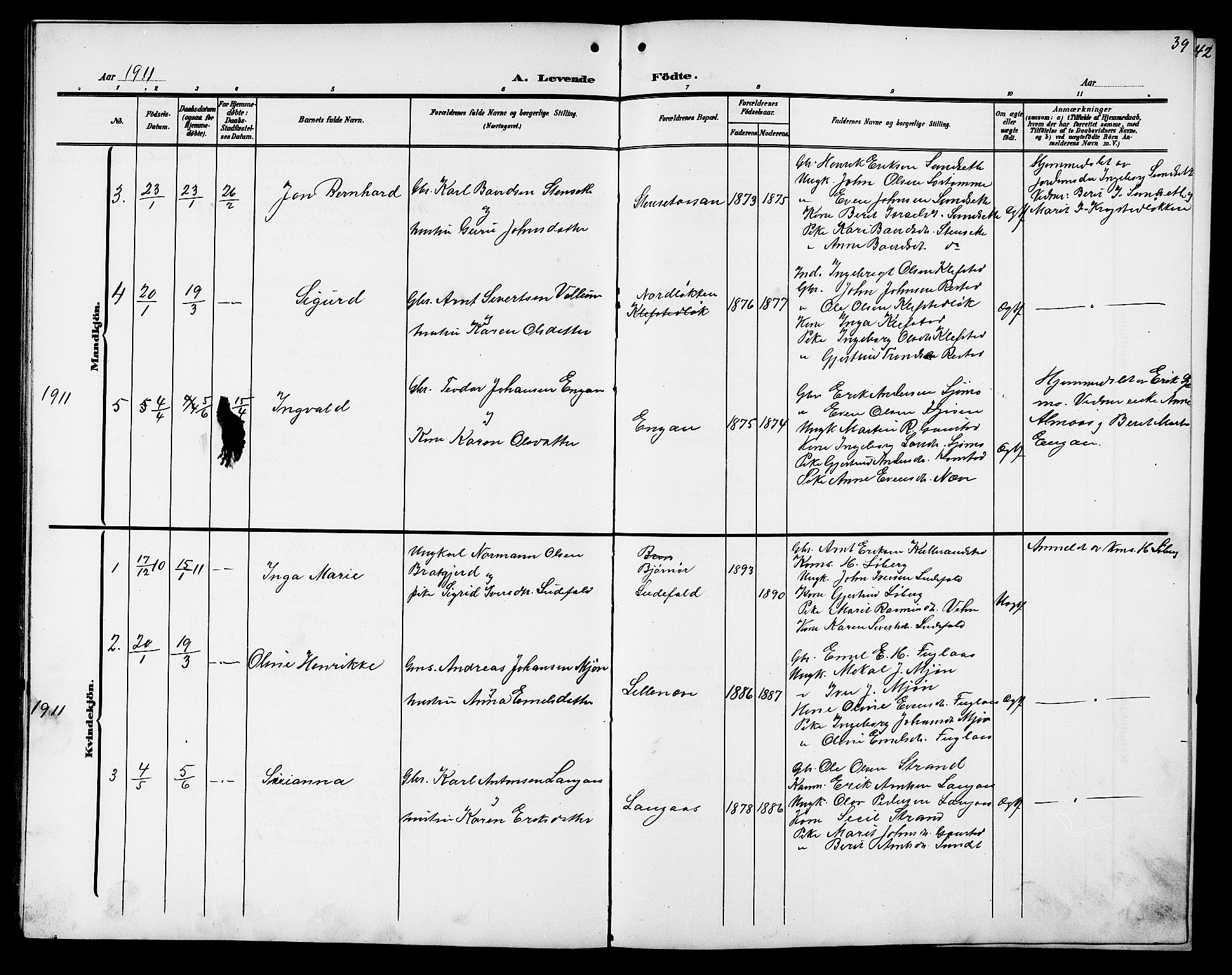 Ministerialprotokoller, klokkerbøker og fødselsregistre - Sør-Trøndelag, AV/SAT-A-1456/694/L1133: Parish register (copy) no. 694C05, 1901-1914, p. 39