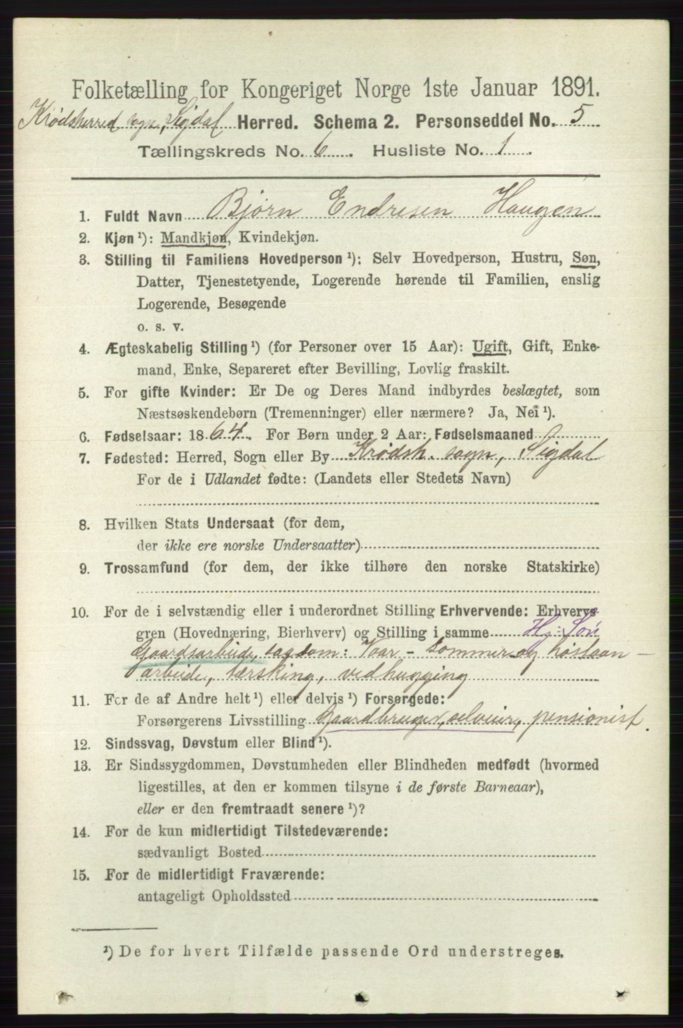 RA, 1891 census for 0621 Sigdal, 1891, p. 6637