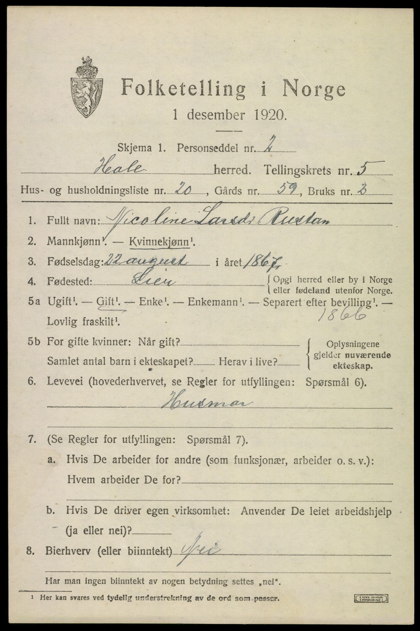 SAKO, 1920 census for Hole, 1920, p. 3539