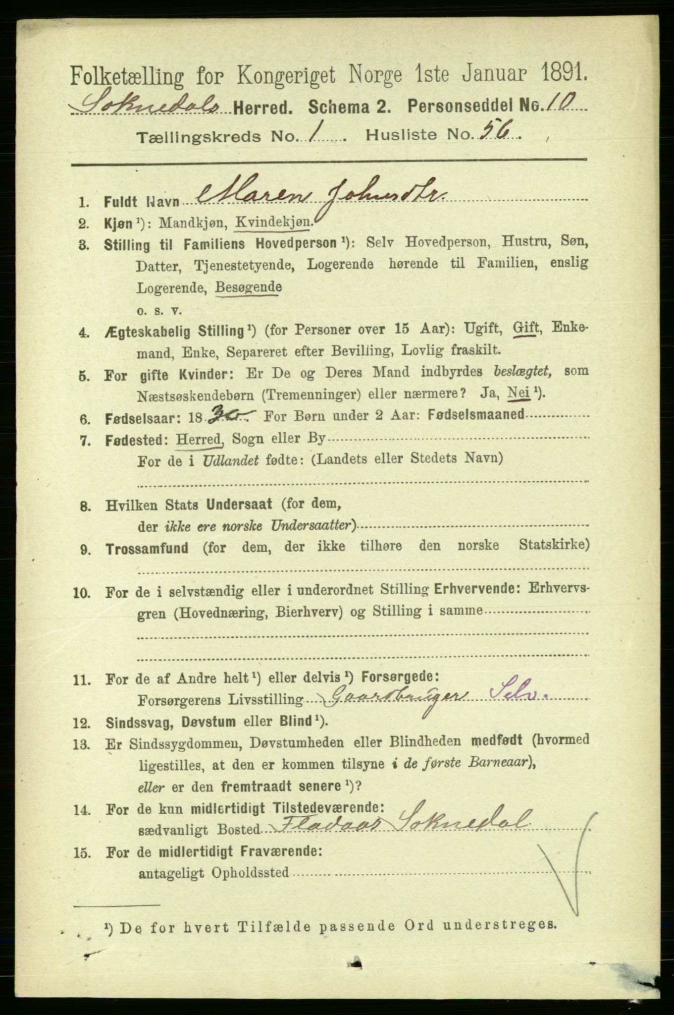 RA, 1891 census for 1649 Soknedal, 1891, p. 422