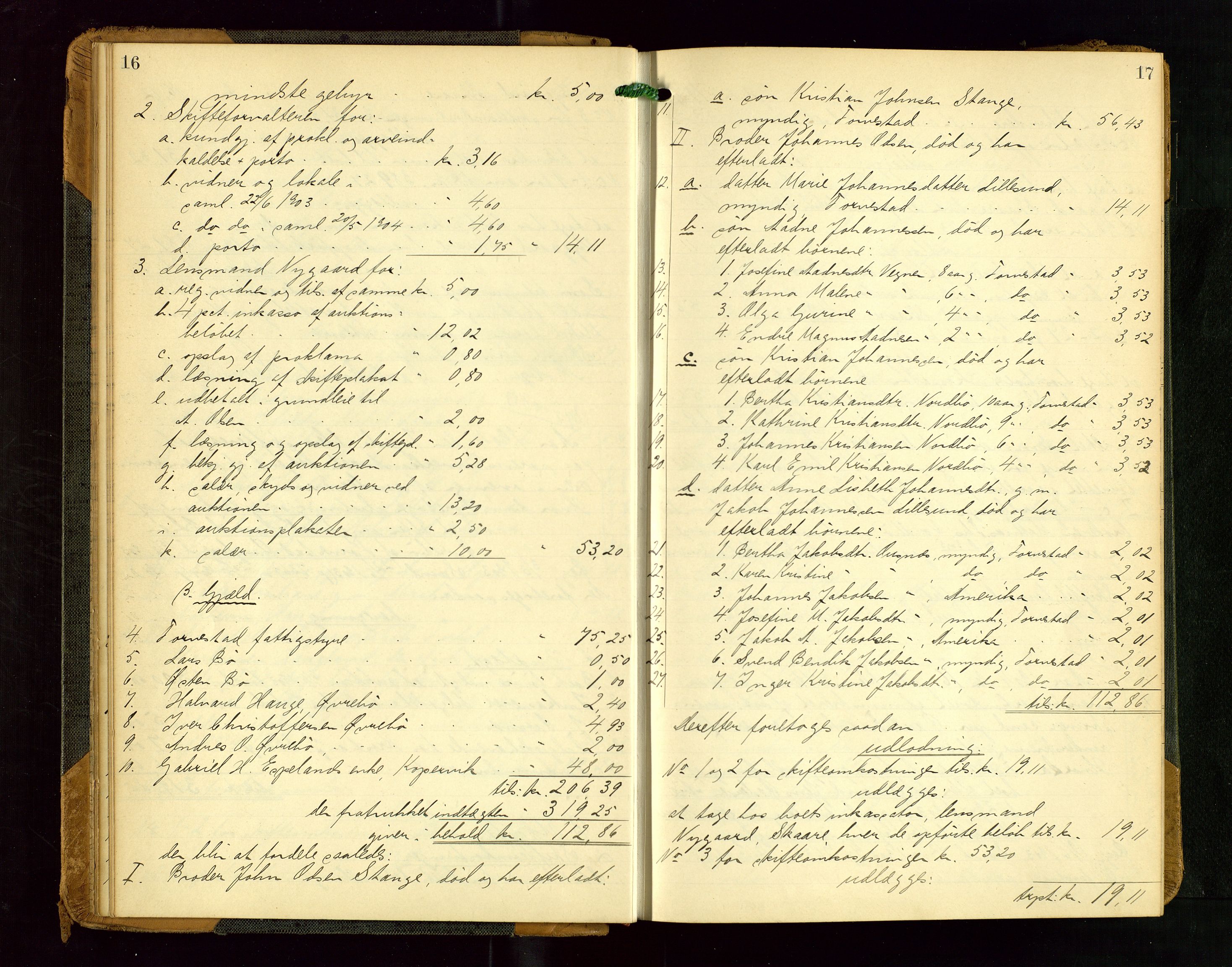 Karmsund sorenskriveri, AV/SAST-A-100311/01/IV/IVGB/L0001: SKIFTEUTLODNINGSPROTOKOLL, 1904-1911, p. 16-17