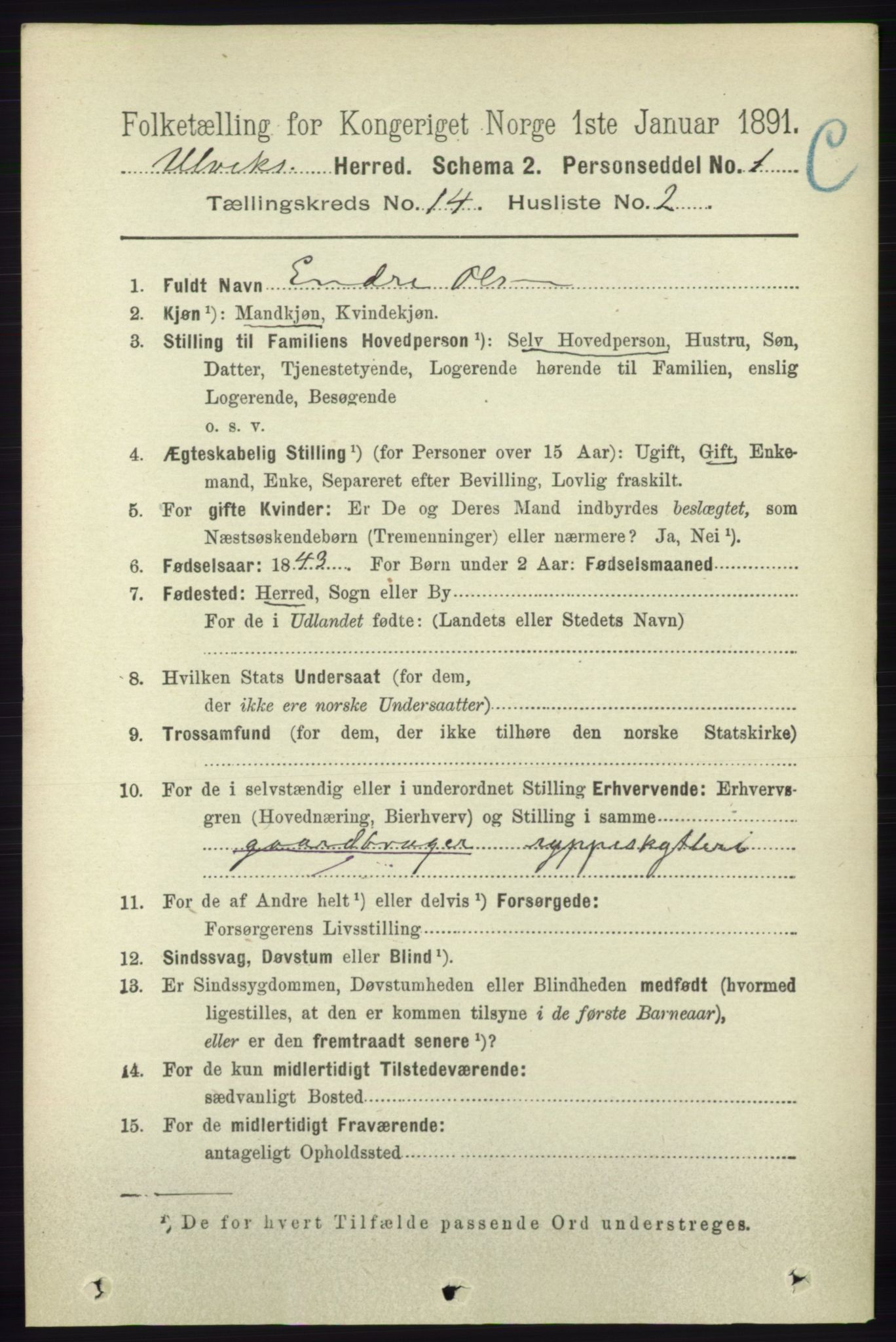 RA, 1891 census for 1233 Ulvik, 1891, p. 4281