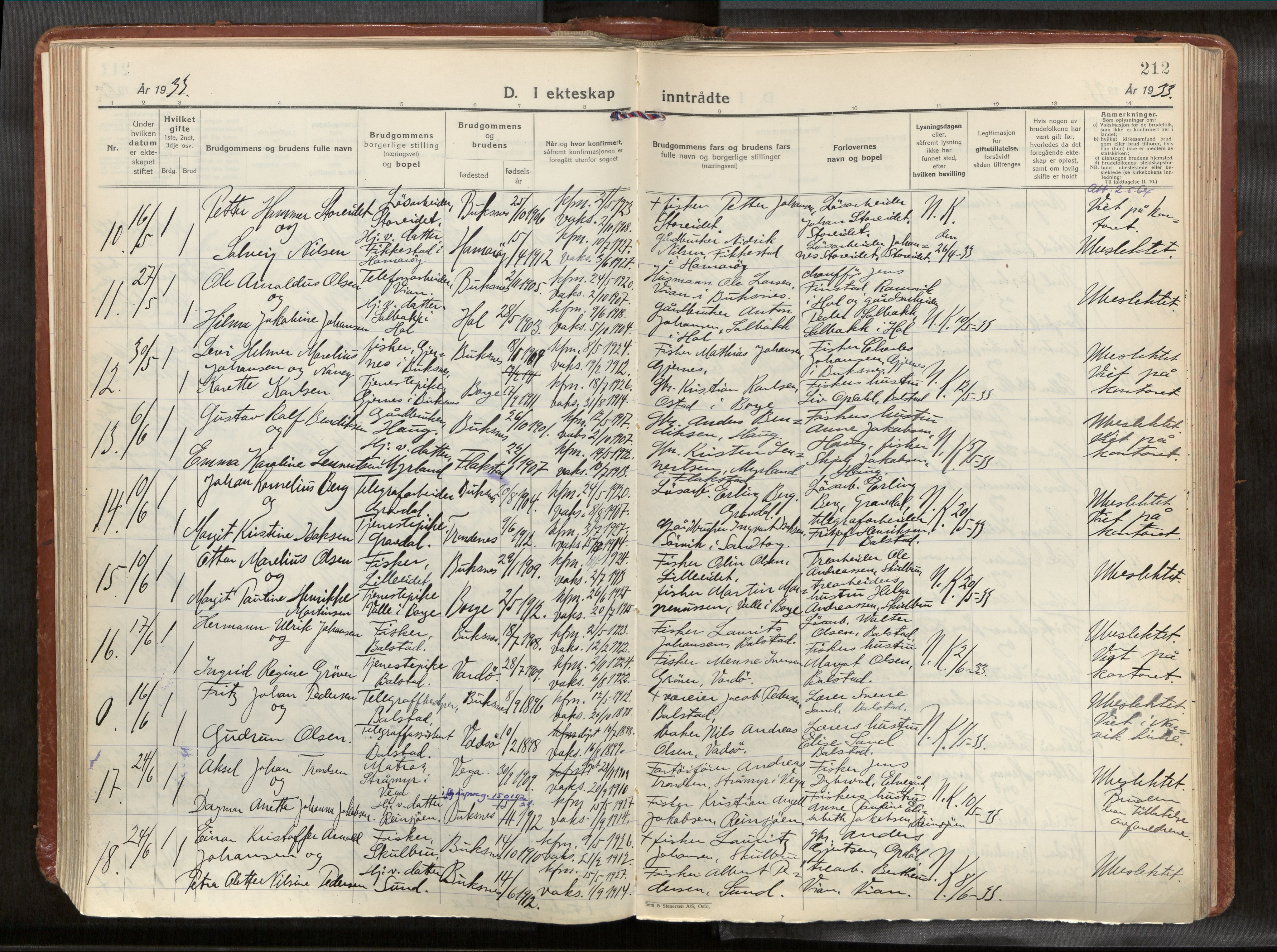 Ministerialprotokoller, klokkerbøker og fødselsregistre - Nordland, AV/SAT-A-1459/881/L1161: Parish register (official) no. 881A14, 1932-1955, p. 212