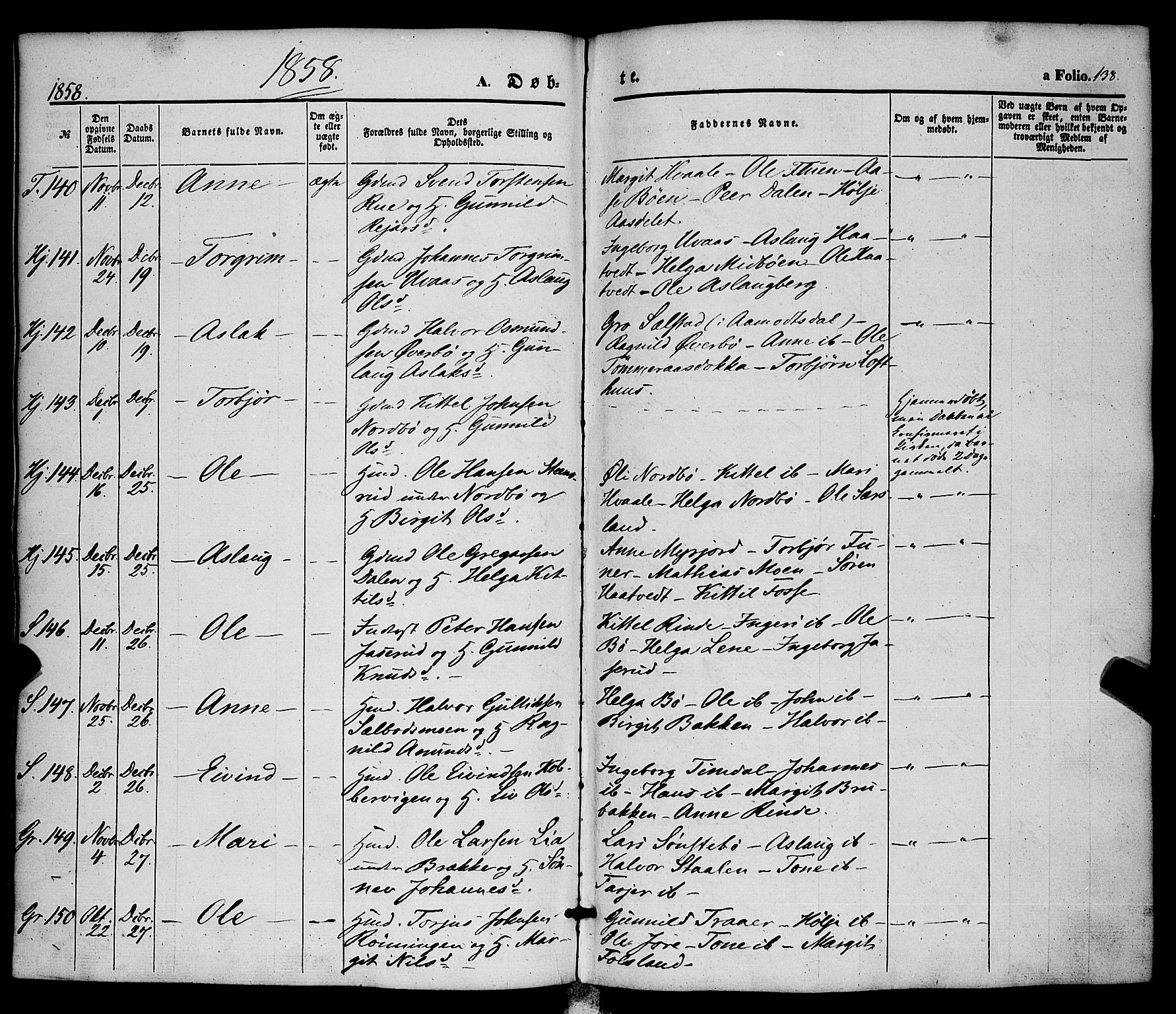 Hjartdal kirkebøker, AV/SAKO-A-270/F/Fa/L0008: Parish register (official) no. I 8, 1844-1859, p. 138