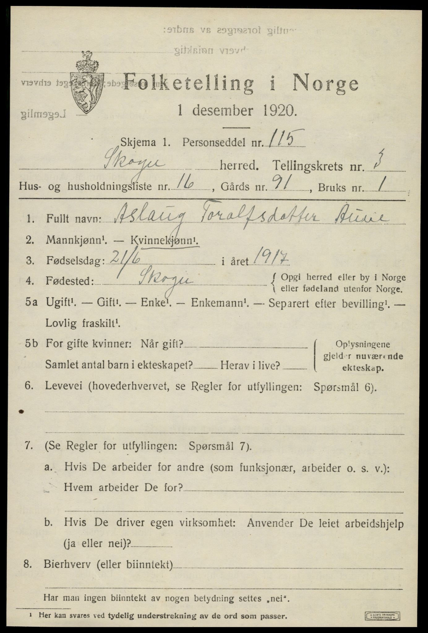 SAT, 1920 census for Skogn, 1920, p. 4823