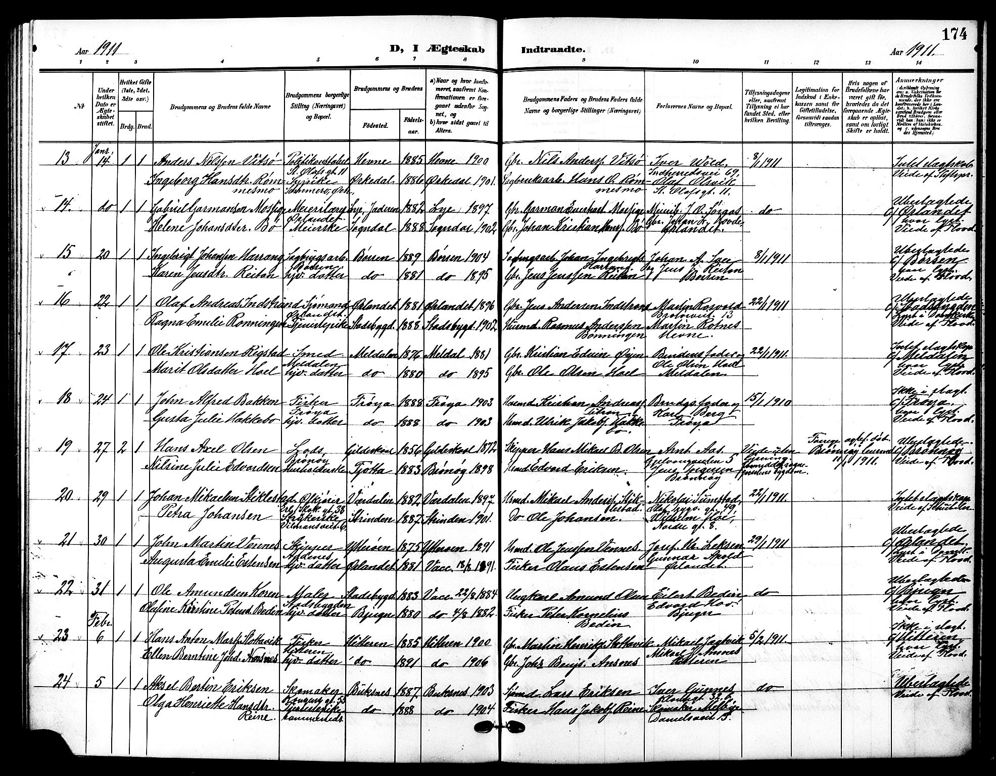 Ministerialprotokoller, klokkerbøker og fødselsregistre - Sør-Trøndelag, AV/SAT-A-1456/601/L0095: Parish register (copy) no. 601C13, 1902-1911, p. 174