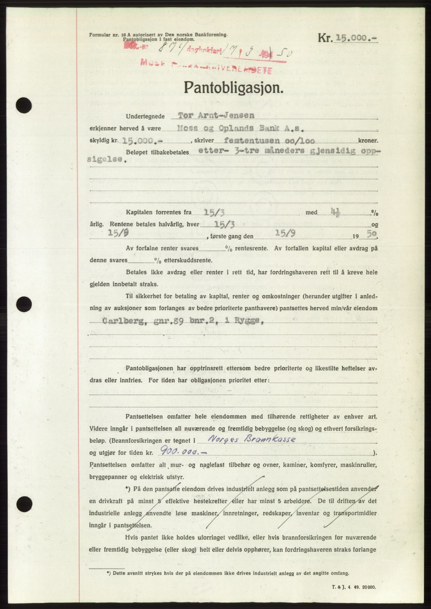 Moss sorenskriveri, AV/SAO-A-10168: Mortgage book no. B24, 1950-1950, Diary no: : 874/1950