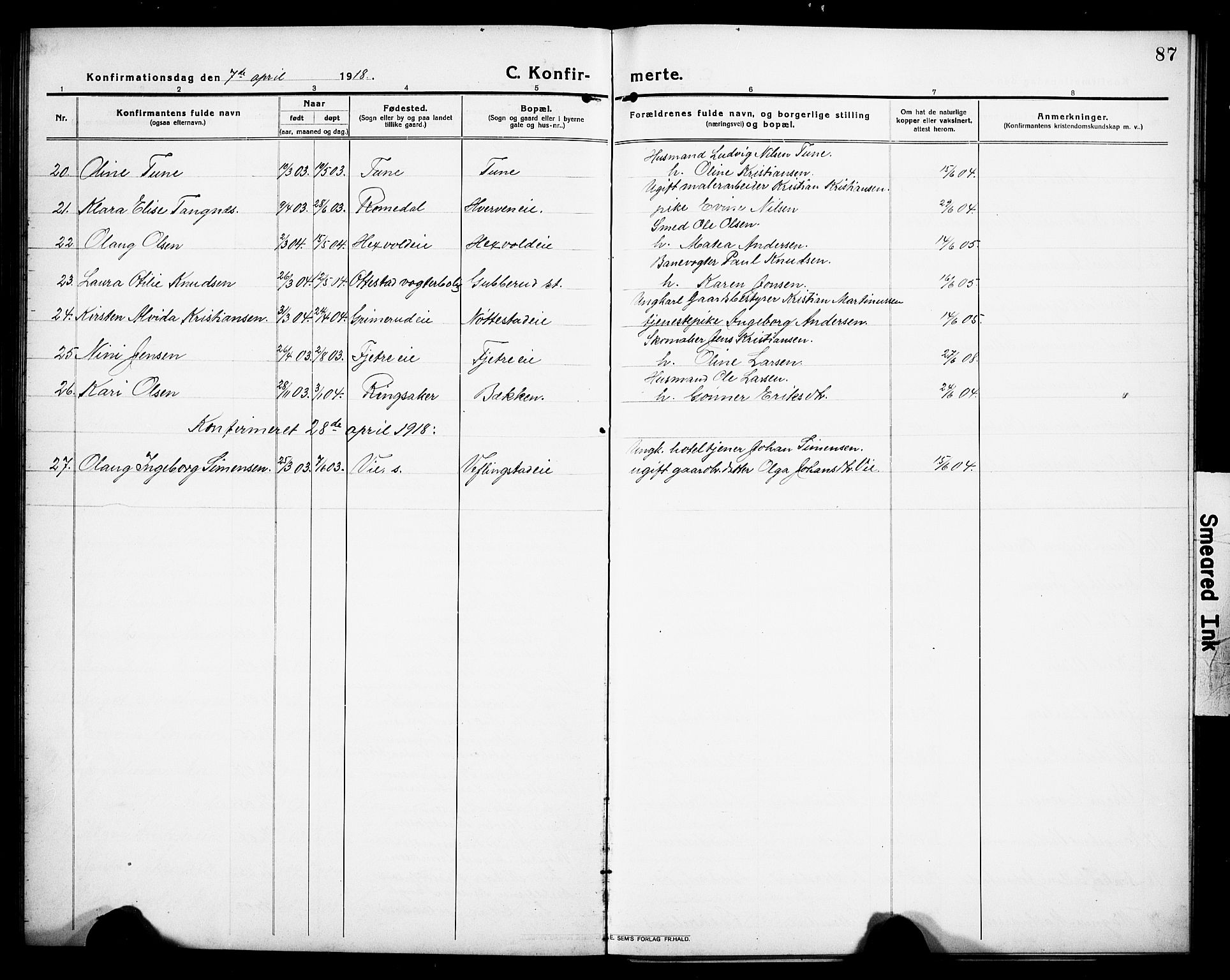 Stange prestekontor, AV/SAH-PREST-002/L/L0015: Parish register (copy) no. 15, 1916-1928, p. 87