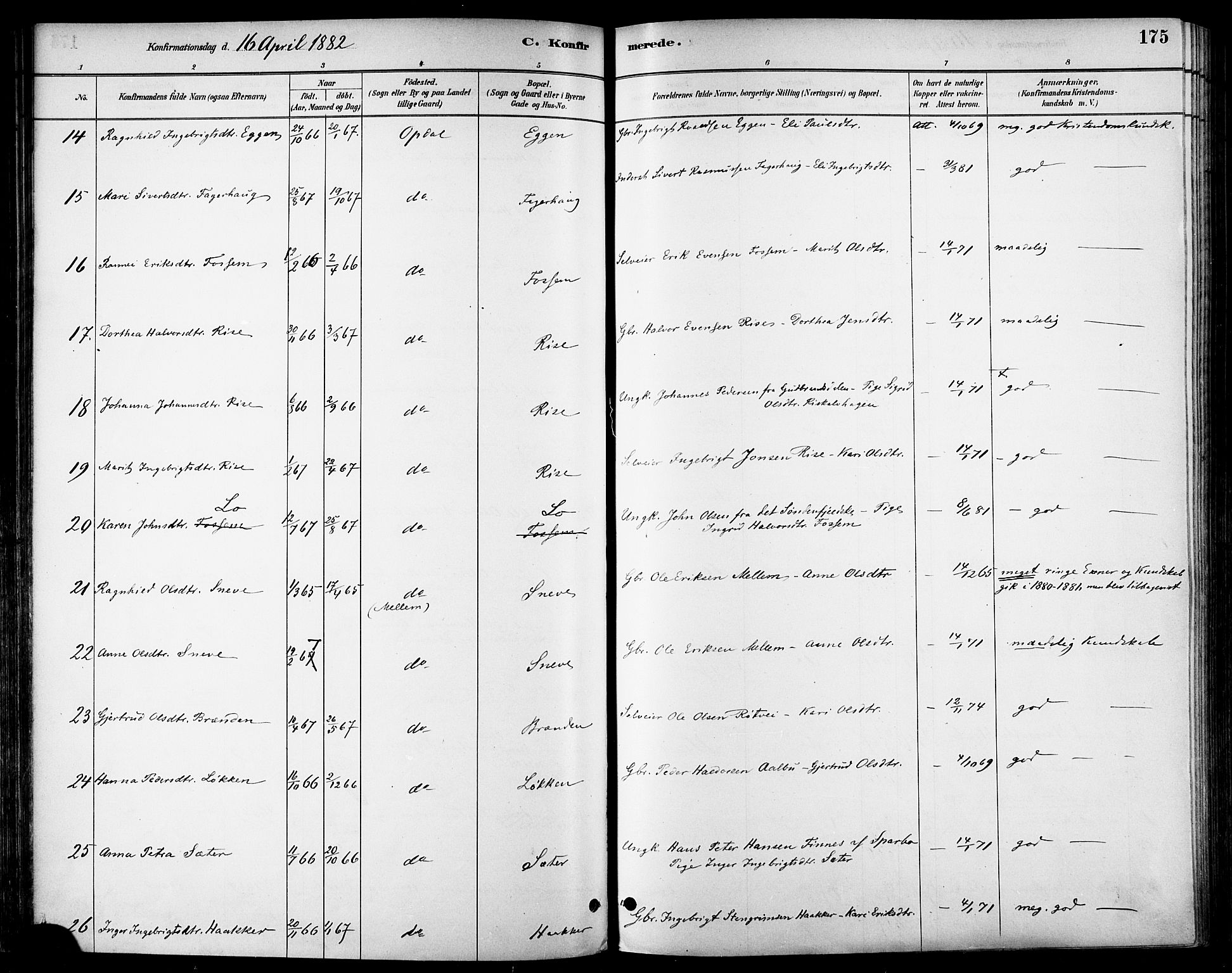 Ministerialprotokoller, klokkerbøker og fødselsregistre - Sør-Trøndelag, AV/SAT-A-1456/678/L0901: Parish register (official) no. 678A10, 1881-1894, p. 175