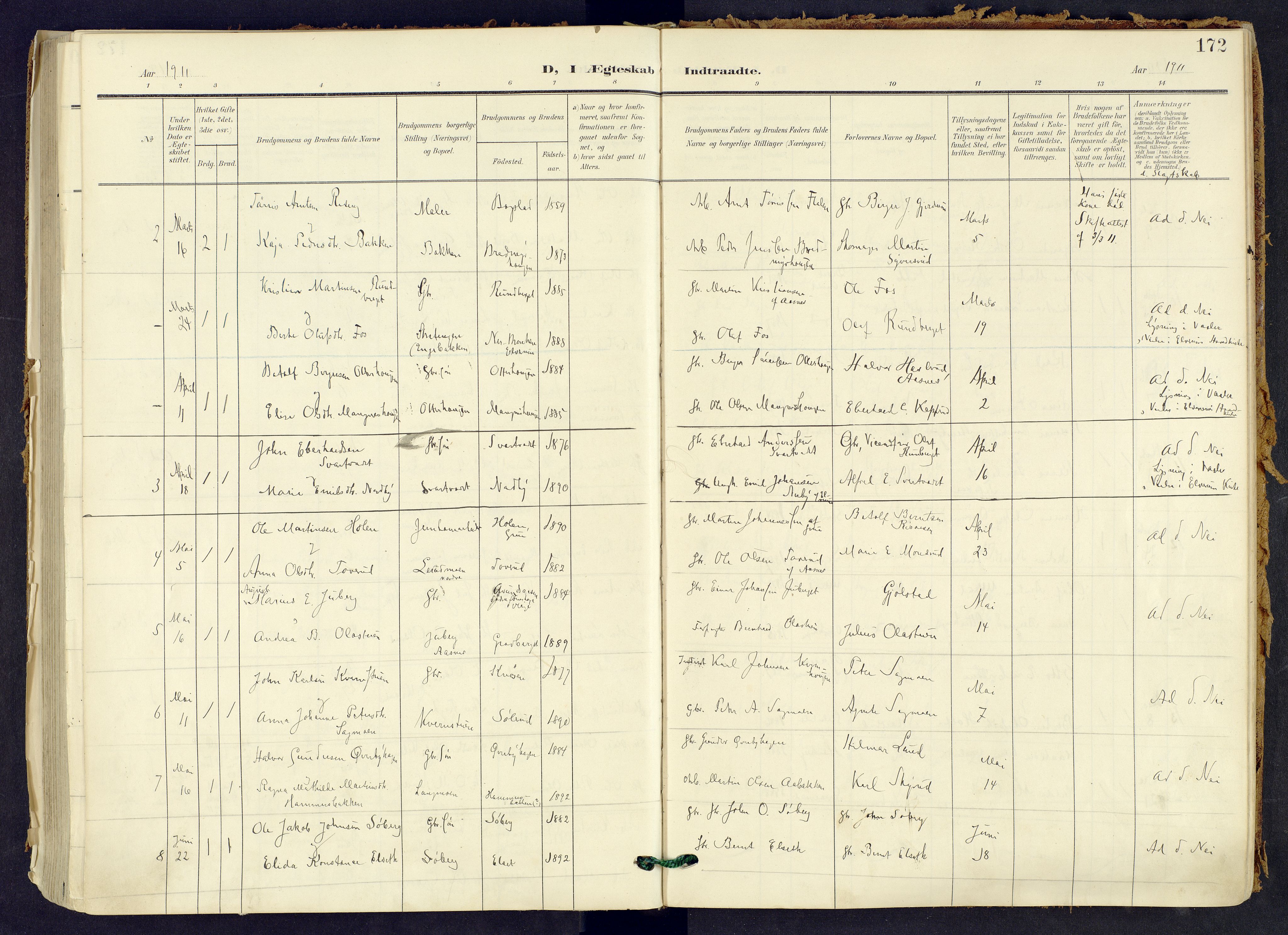 Våler prestekontor, Hedmark, AV/SAH-PREST-040/H/Ha/Haa/L0008: Parish register (official) no. 8, 1905-1921, p. 172