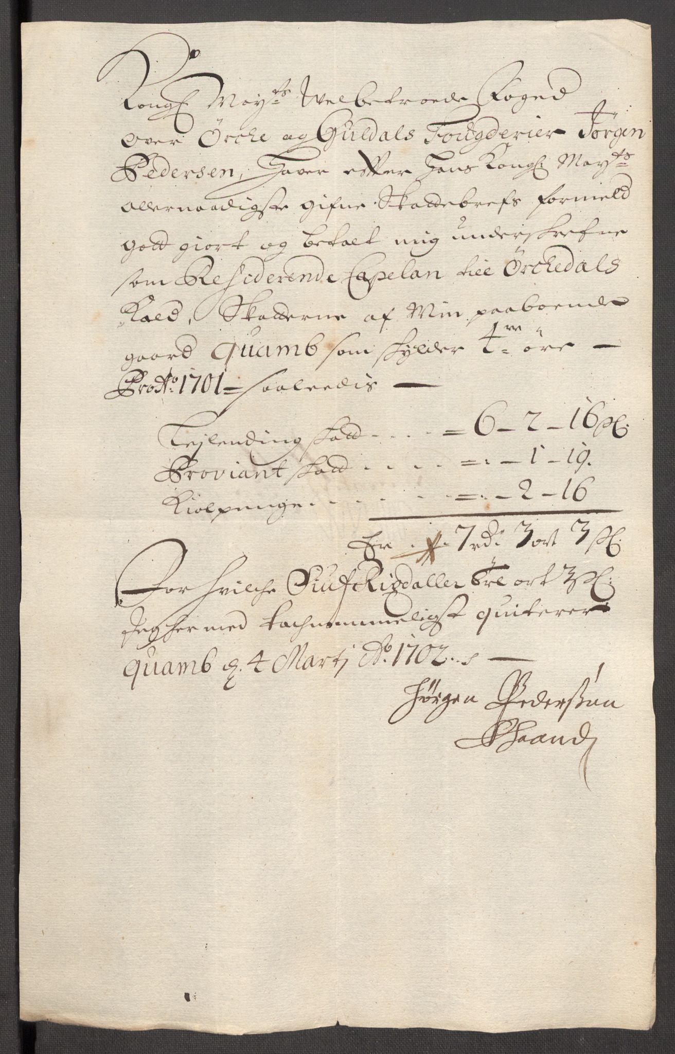 Rentekammeret inntil 1814, Reviderte regnskaper, Fogderegnskap, RA/EA-4092/R60/L3951: Fogderegnskap Orkdal og Gauldal, 1701, p. 160