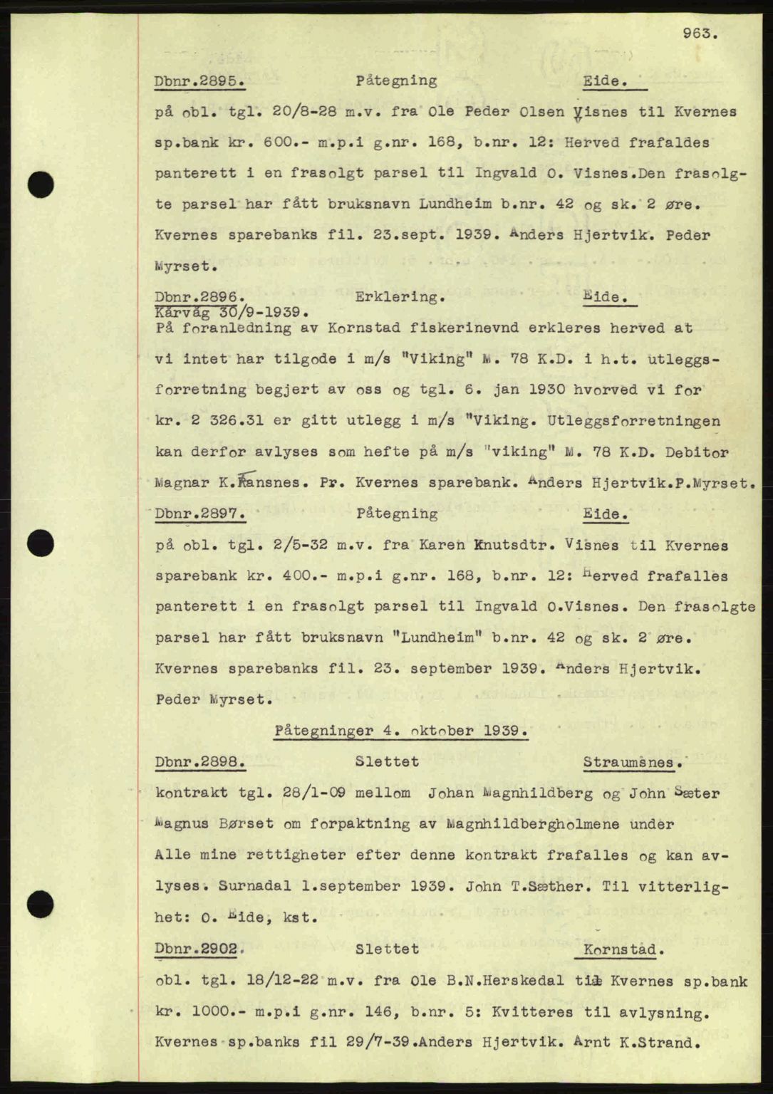 Nordmøre sorenskriveri, AV/SAT-A-4132/1/2/2Ca: Mortgage book no. C80, 1936-1939, Diary no: : 2895/1939