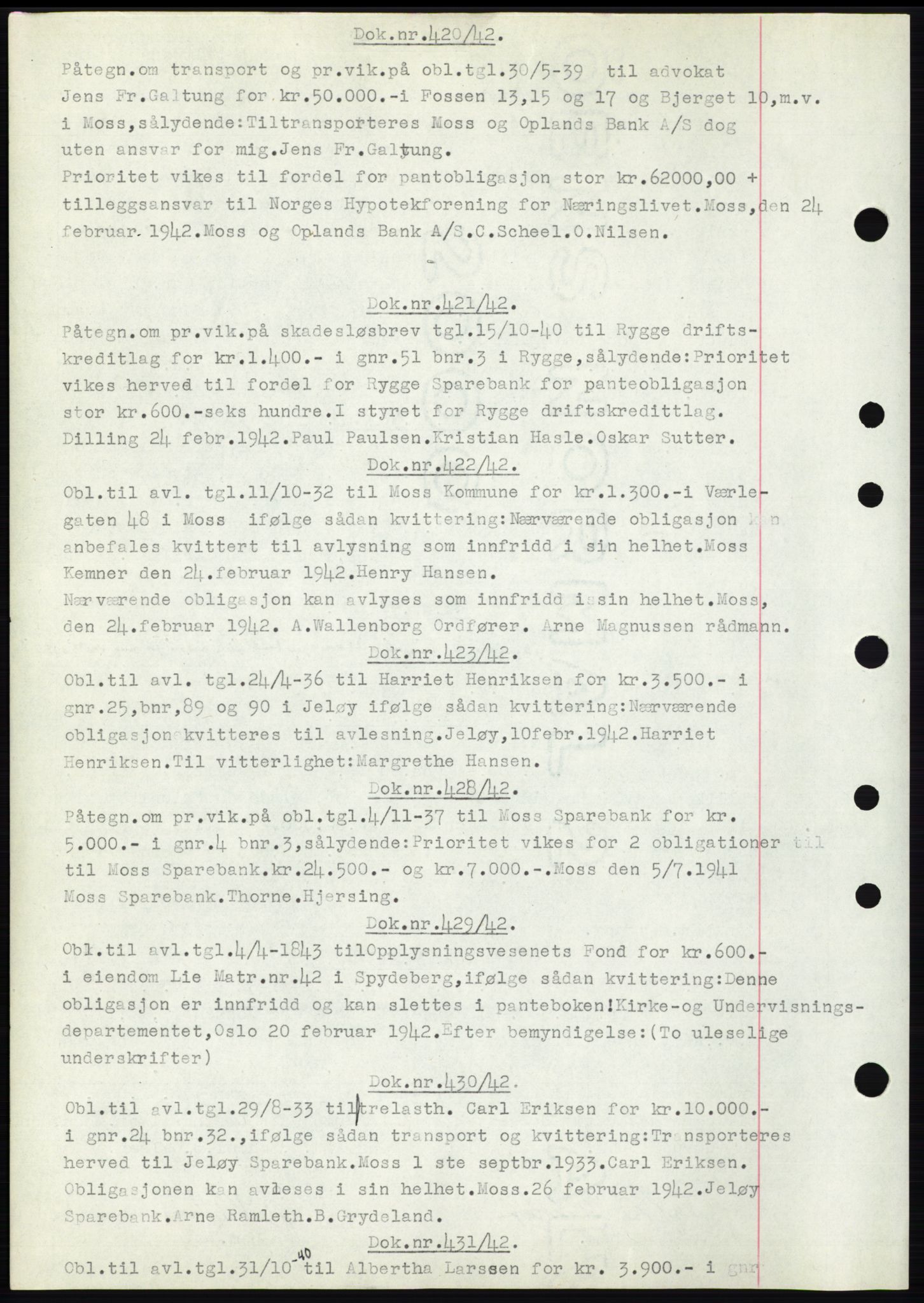 Moss sorenskriveri, AV/SAO-A-10168: Mortgage book no. C10, 1938-1950, Diary no: : 420/1942