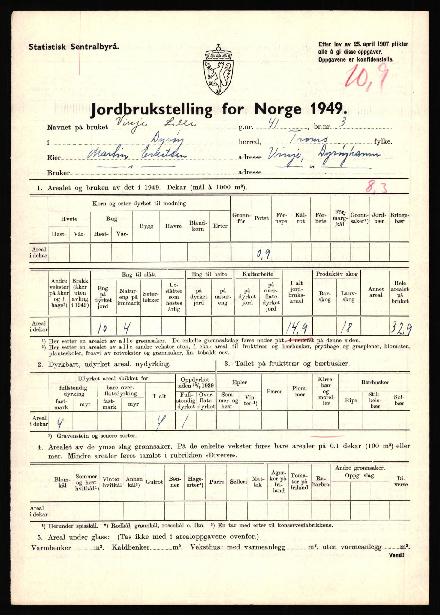 Statistisk sentralbyrå, Næringsøkonomiske emner, Jordbruk, skogbruk, jakt, fiske og fangst, AV/RA-S-2234/G/Gc/L0440: Troms: Sørreisa og Dyrøy, 1949, p. 979