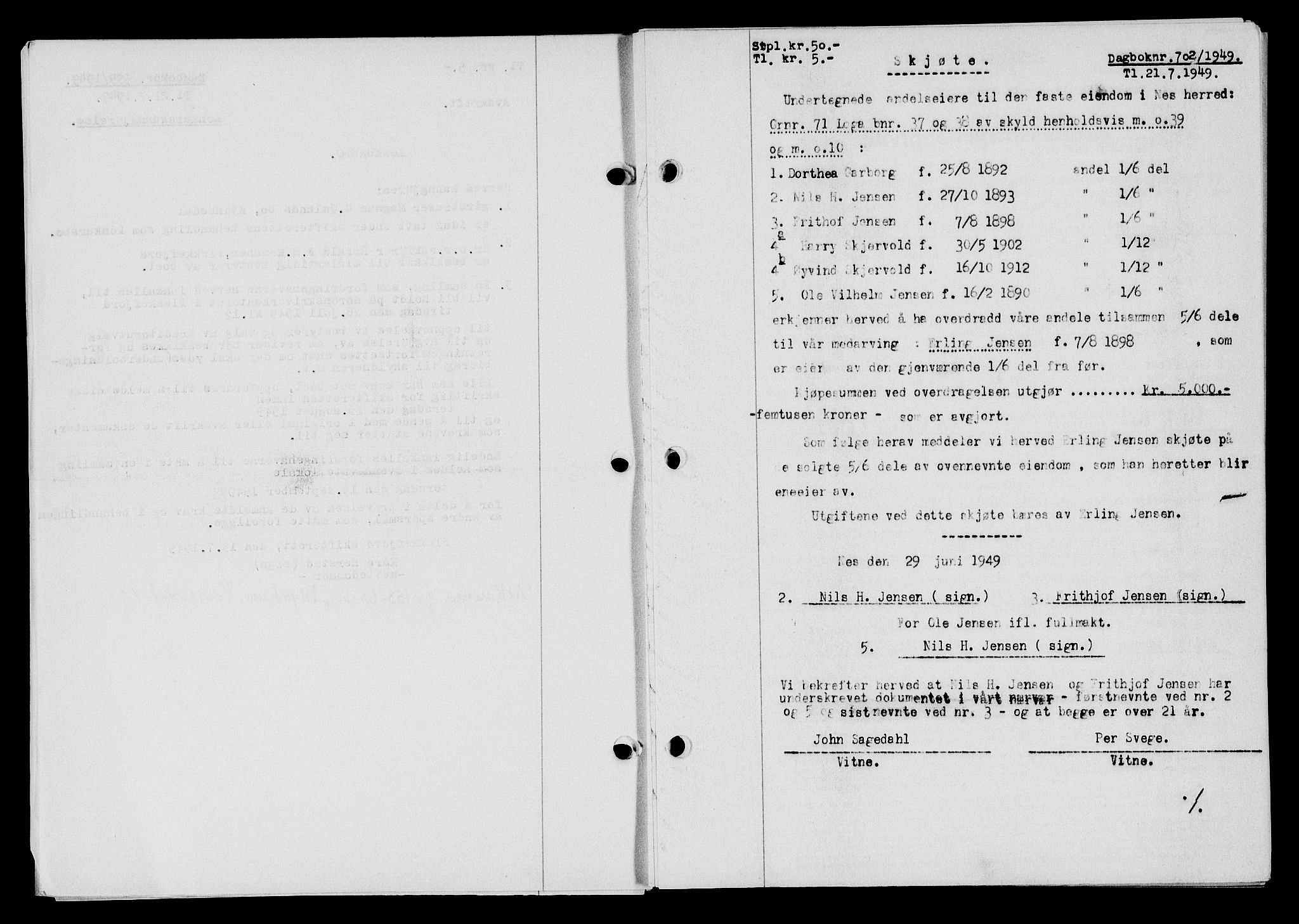 Flekkefjord sorenskriveri, SAK/1221-0001/G/Gb/Gba/L0065: Mortgage book no. A-13, 1949-1949, Diary no: : 702/1949