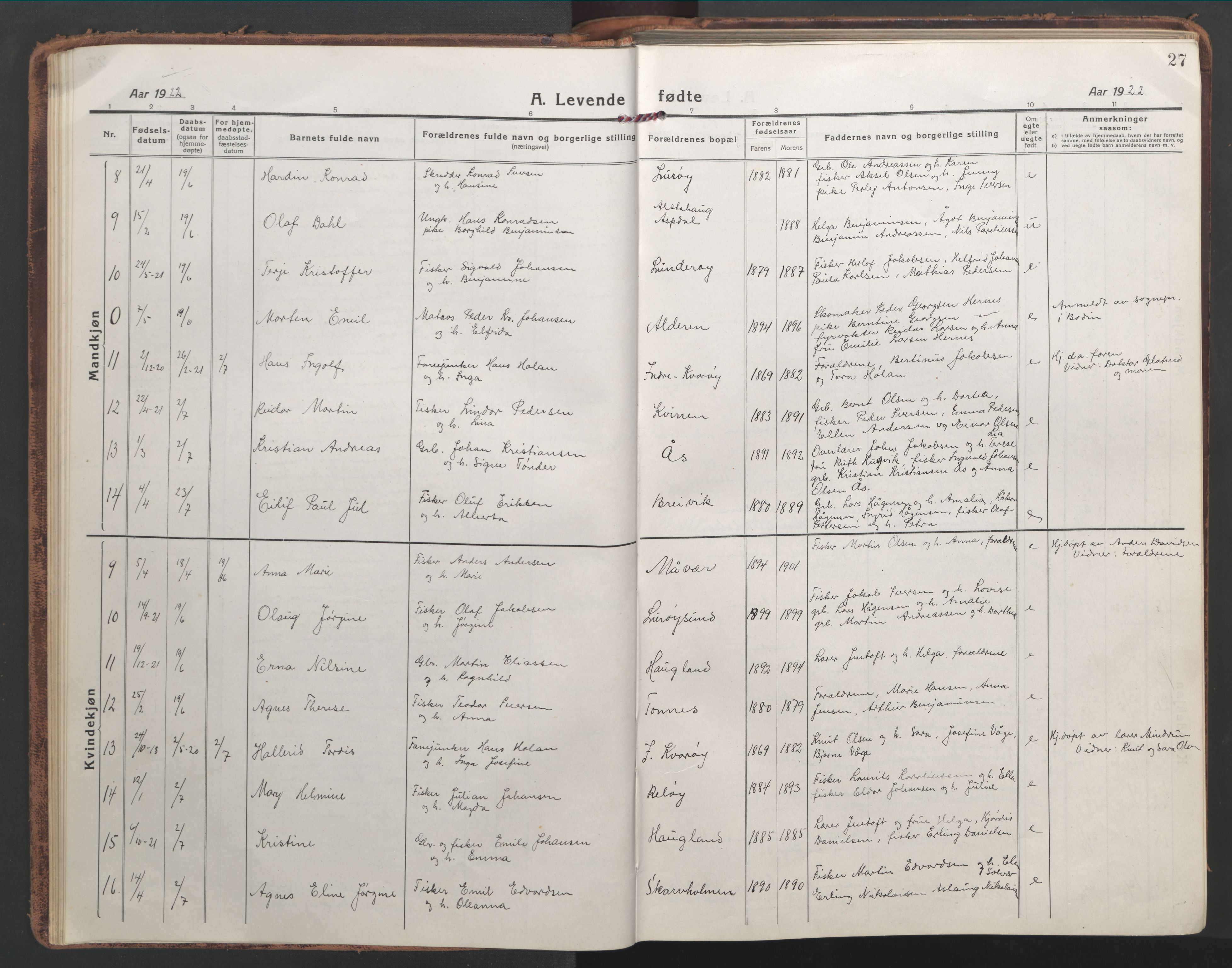 Ministerialprotokoller, klokkerbøker og fødselsregistre - Nordland, AV/SAT-A-1459/839/L0574: Parish register (copy) no. 839C04, 1918-1950, p. 27