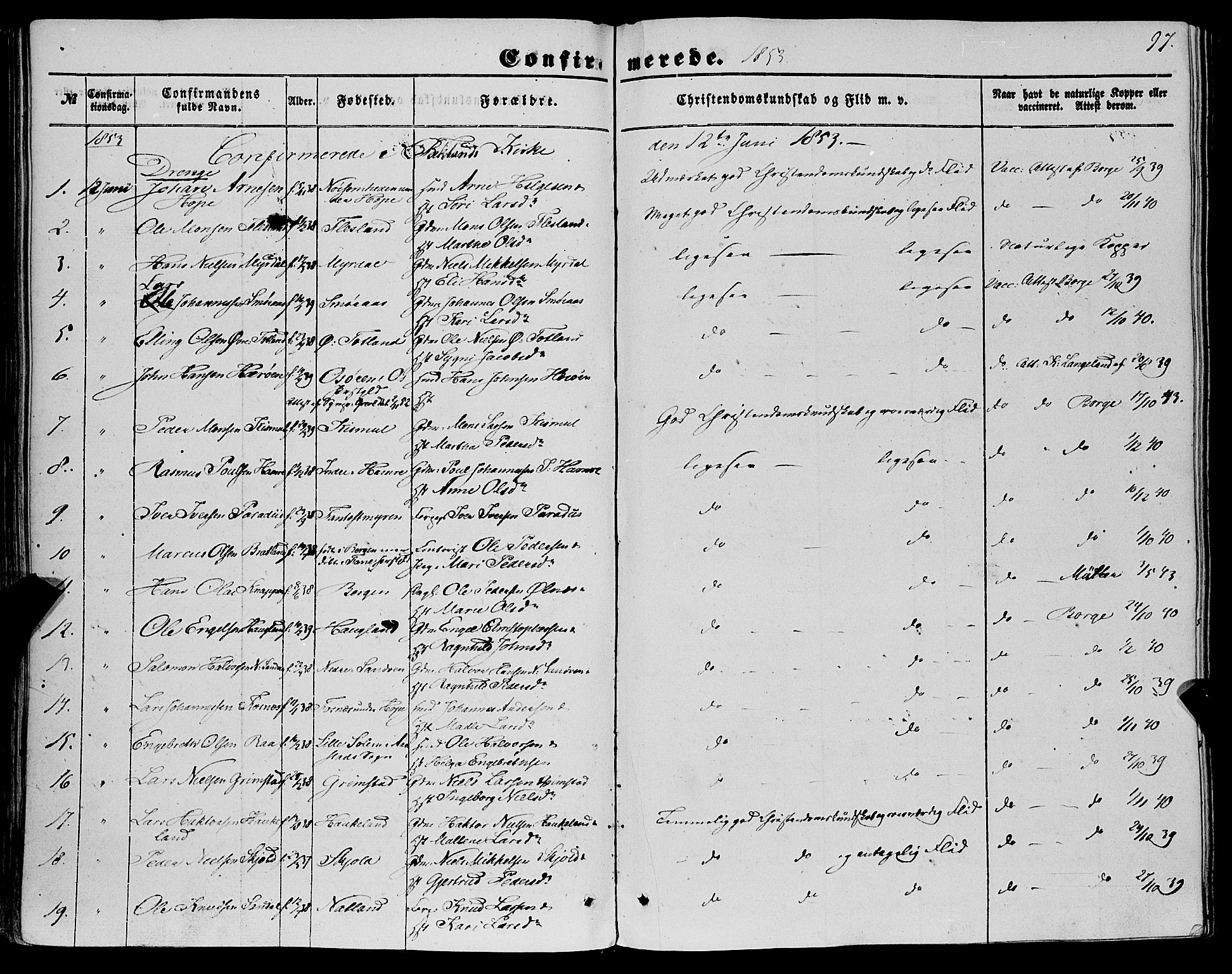 Fana Sokneprestembete, SAB/A-75101/H/Haa/Haaa/L0011: Parish register (official) no. A 11, 1851-1862, p. 97