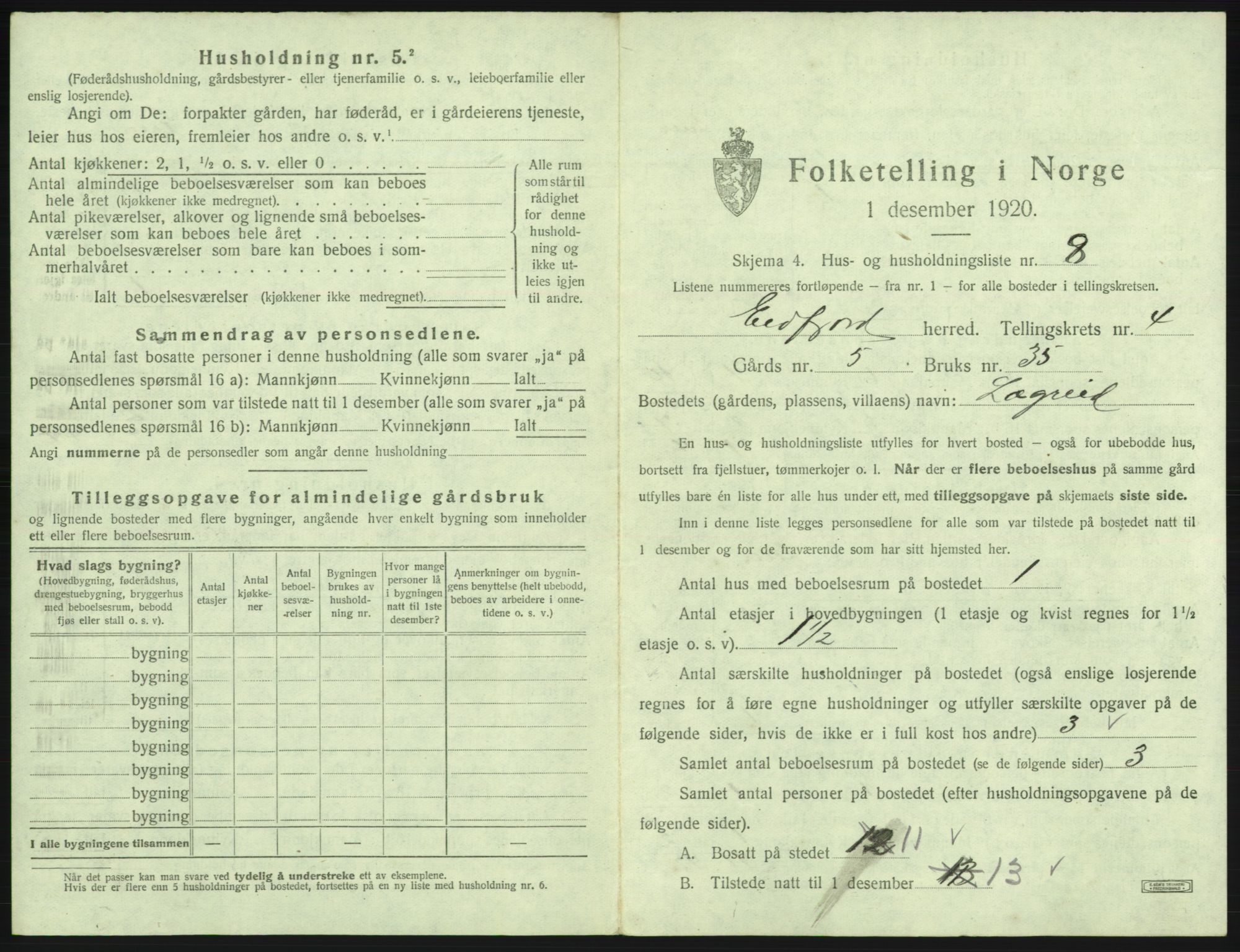 SAB, 1920 census for Eidfjord, 1920, p. 219