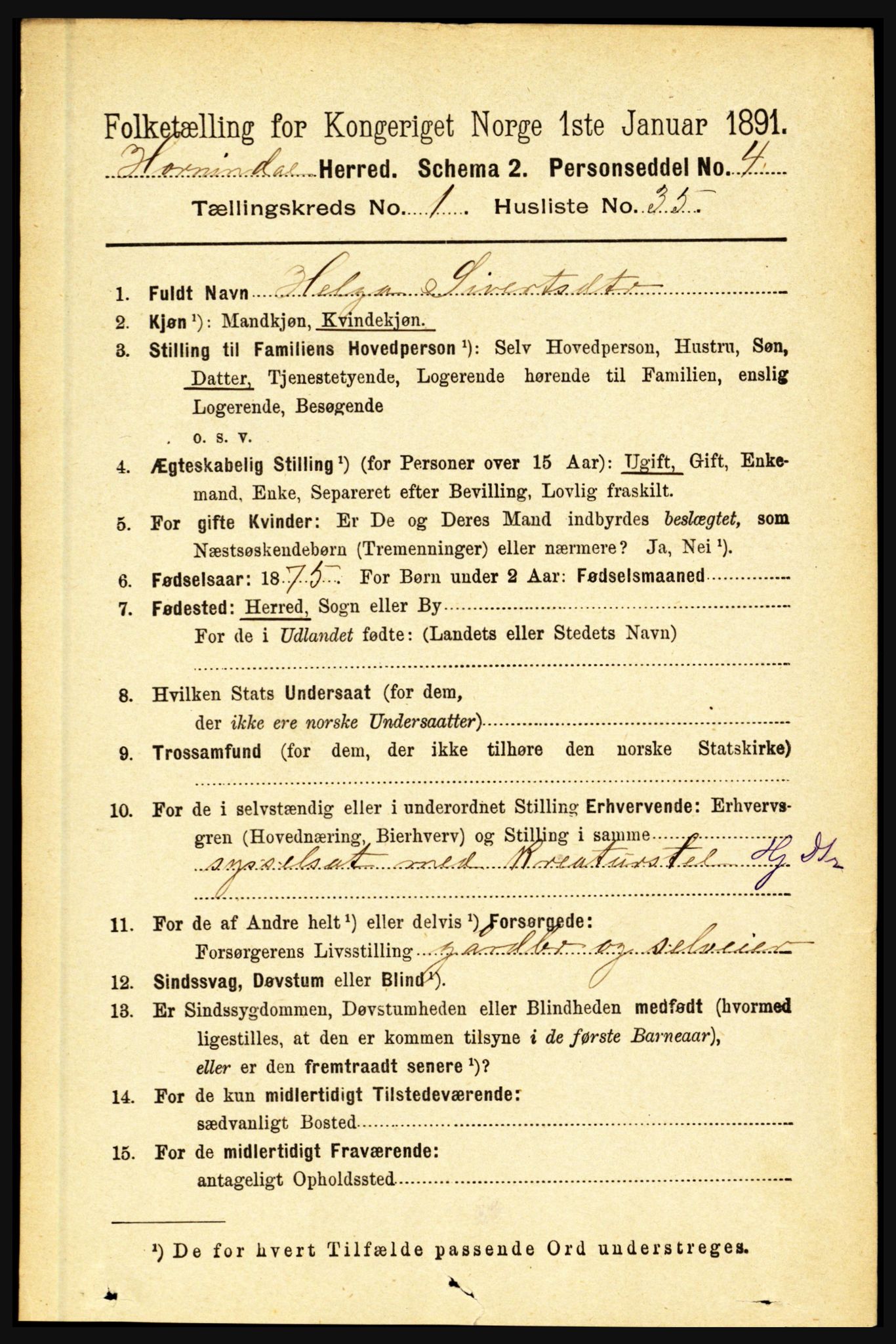 RA, 1891 census for 1444 Hornindal, 1891, p. 295