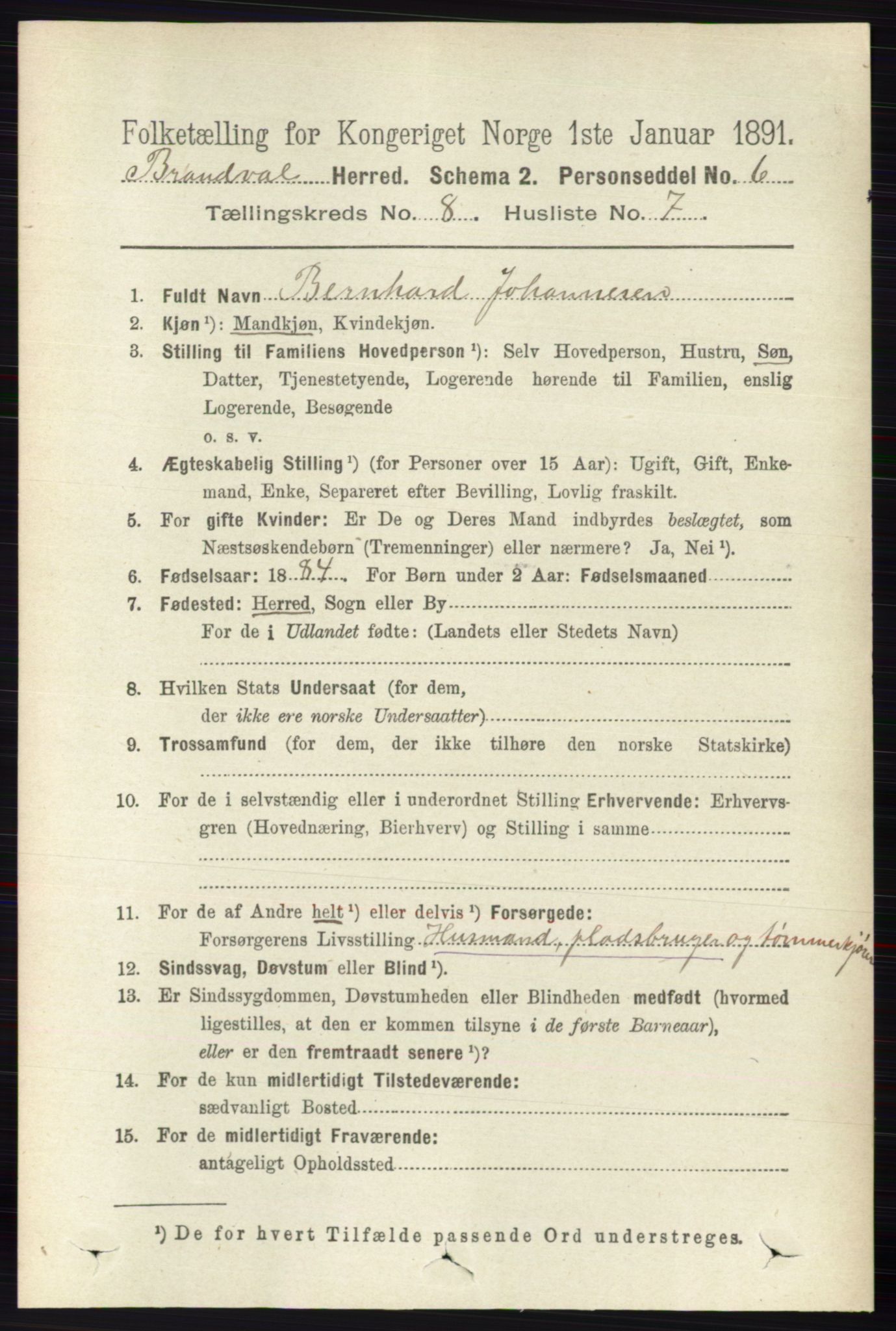 RA, 1891 census for 0422 Brandval, 1891, p. 3876