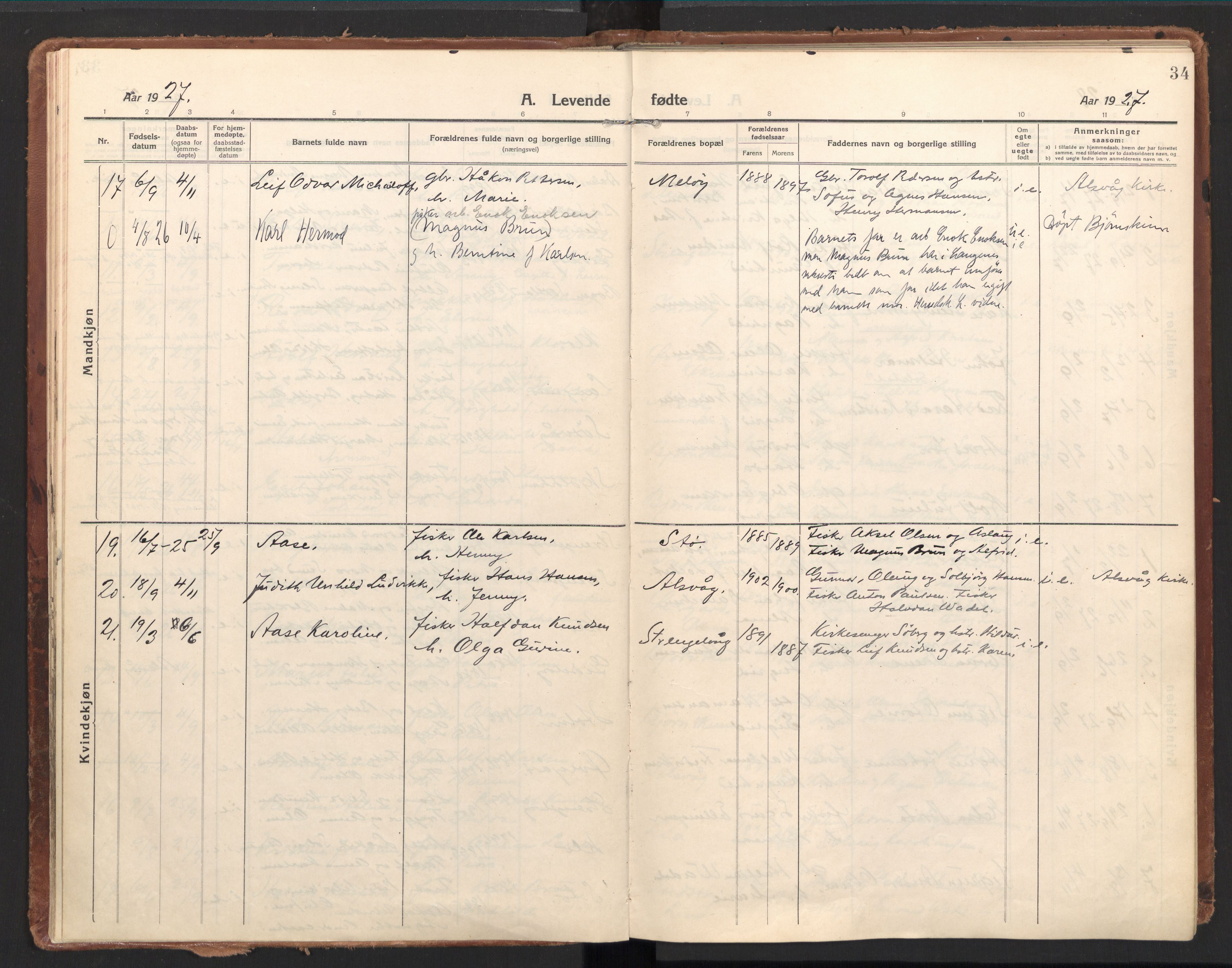 Ministerialprotokoller, klokkerbøker og fødselsregistre - Nordland, SAT/A-1459/894/L1357: Parish register (official) no. 894A03, 1913-1934, p. 34