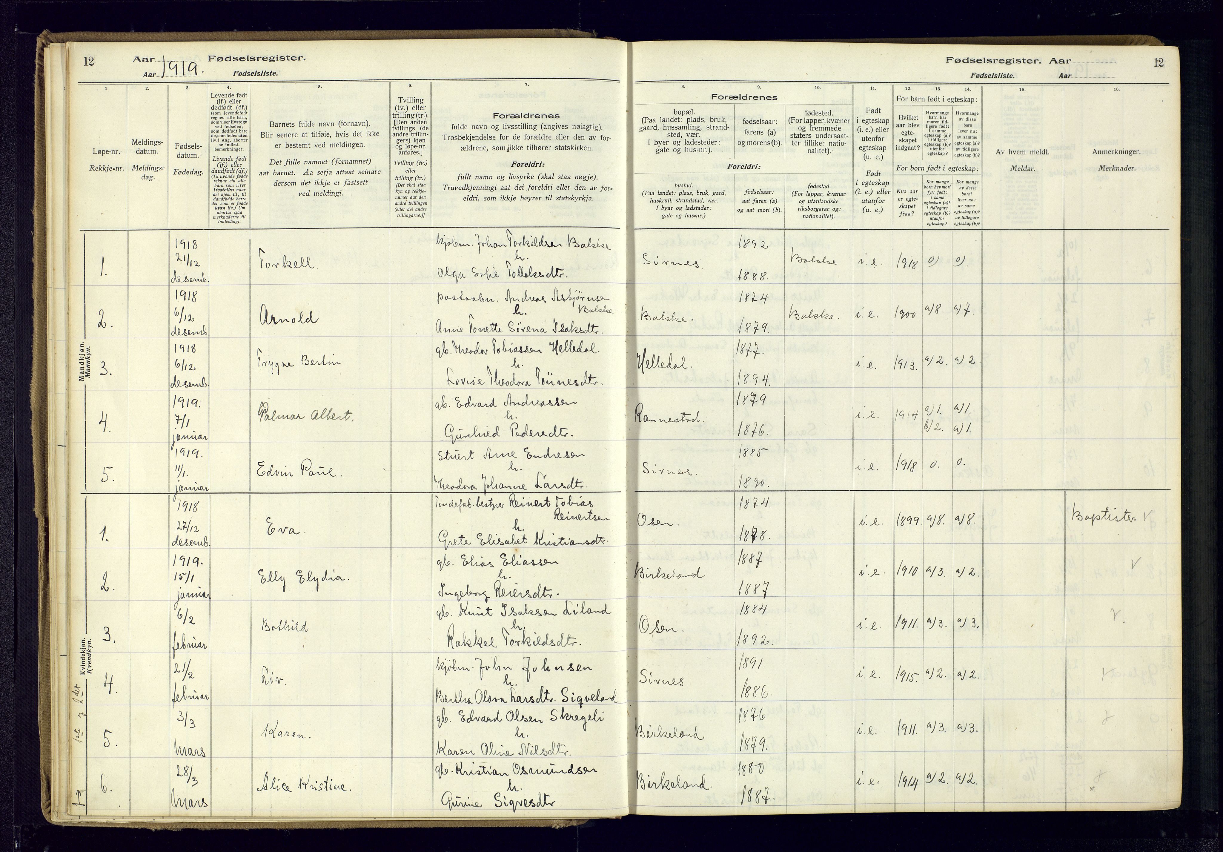 Bakke sokneprestkontor, SAK/1111-0002/J/Ja/L0001: Birth register no. A-VI-18, 1916-1982, p. 12
