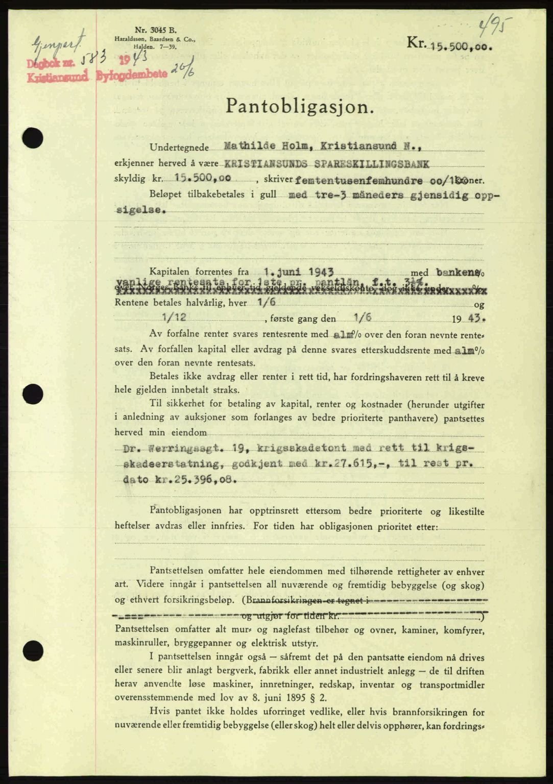 Kristiansund byfogd, SAT/A-4587/A/27: Mortgage book no. 36, 1942-1943, Diary no: : 583/1943