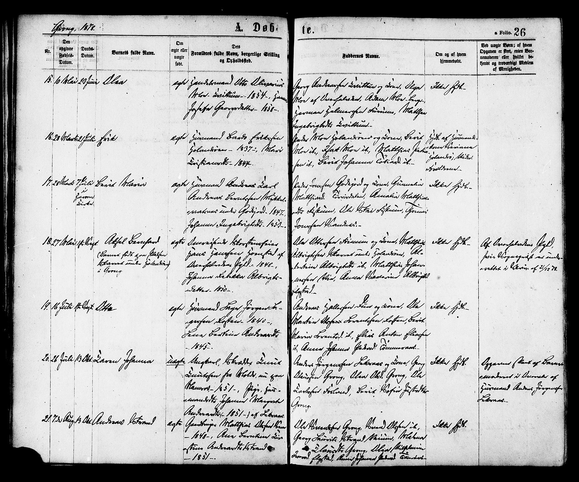 Ministerialprotokoller, klokkerbøker og fødselsregistre - Nord-Trøndelag, SAT/A-1458/758/L0516: Parish register (official) no. 758A03 /1, 1869-1879, p. 26