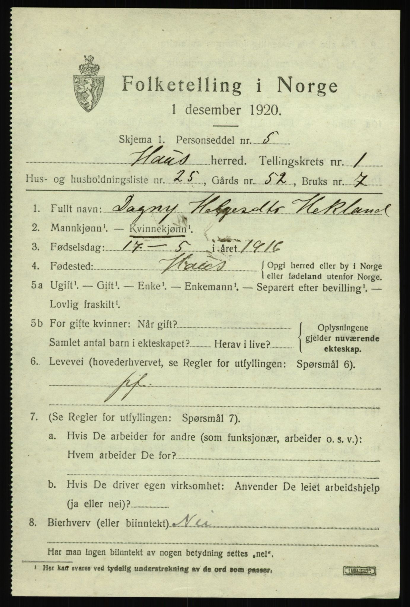 SAB, 1920 census for Haus, 1920, p. 2031