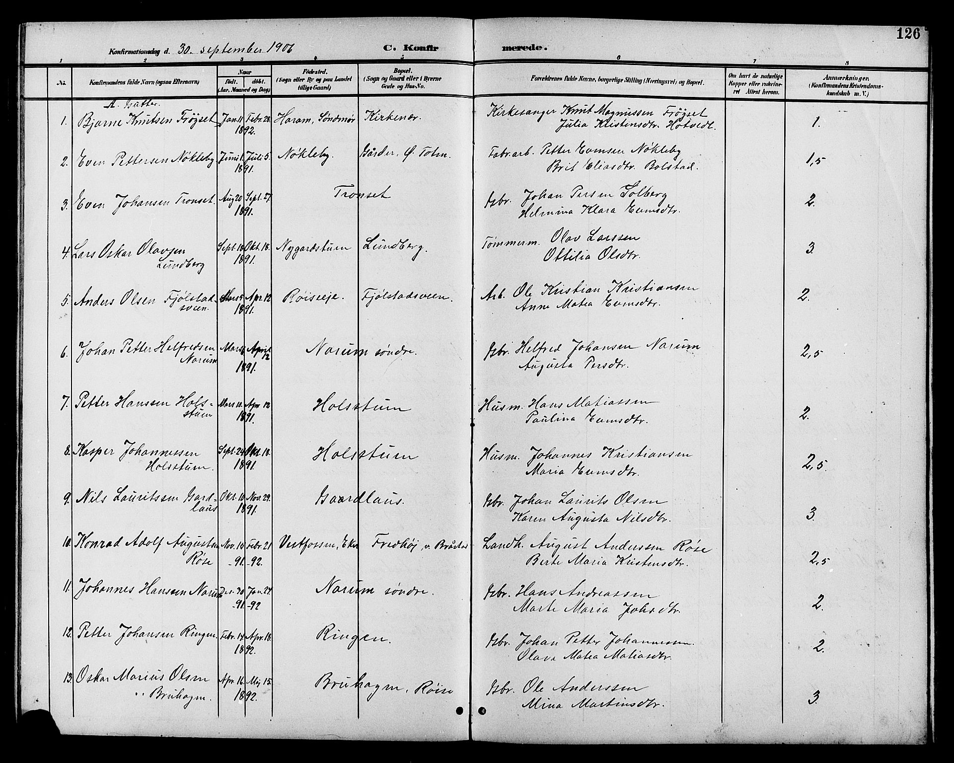 Vestre Toten prestekontor, SAH/PREST-108/H/Ha/Hab/L0011: Parish register (copy) no. 11, 1901-1911, p. 126