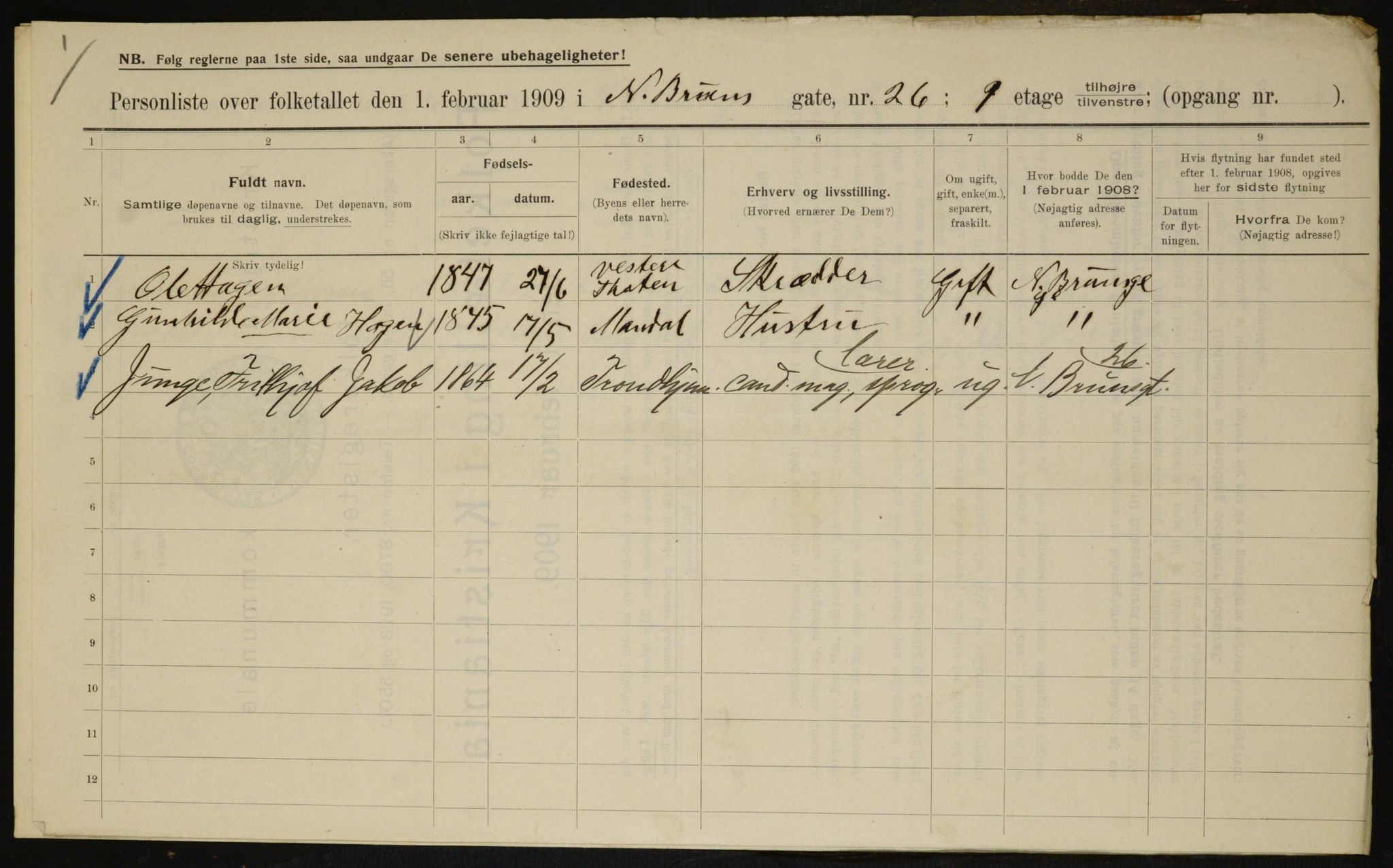 OBA, Municipal Census 1909 for Kristiania, 1909, p. 65601